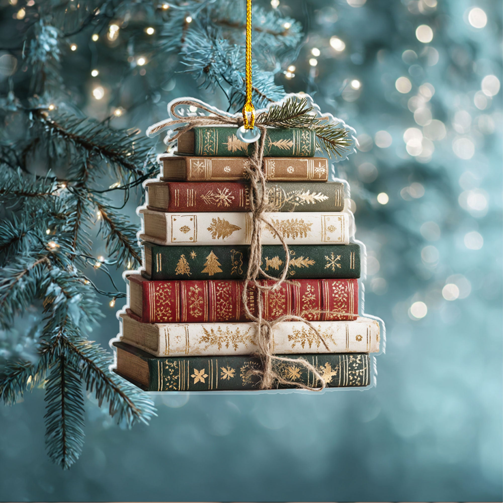 Rustic Christmas Tree Book Stack Ornament - ORD9C001