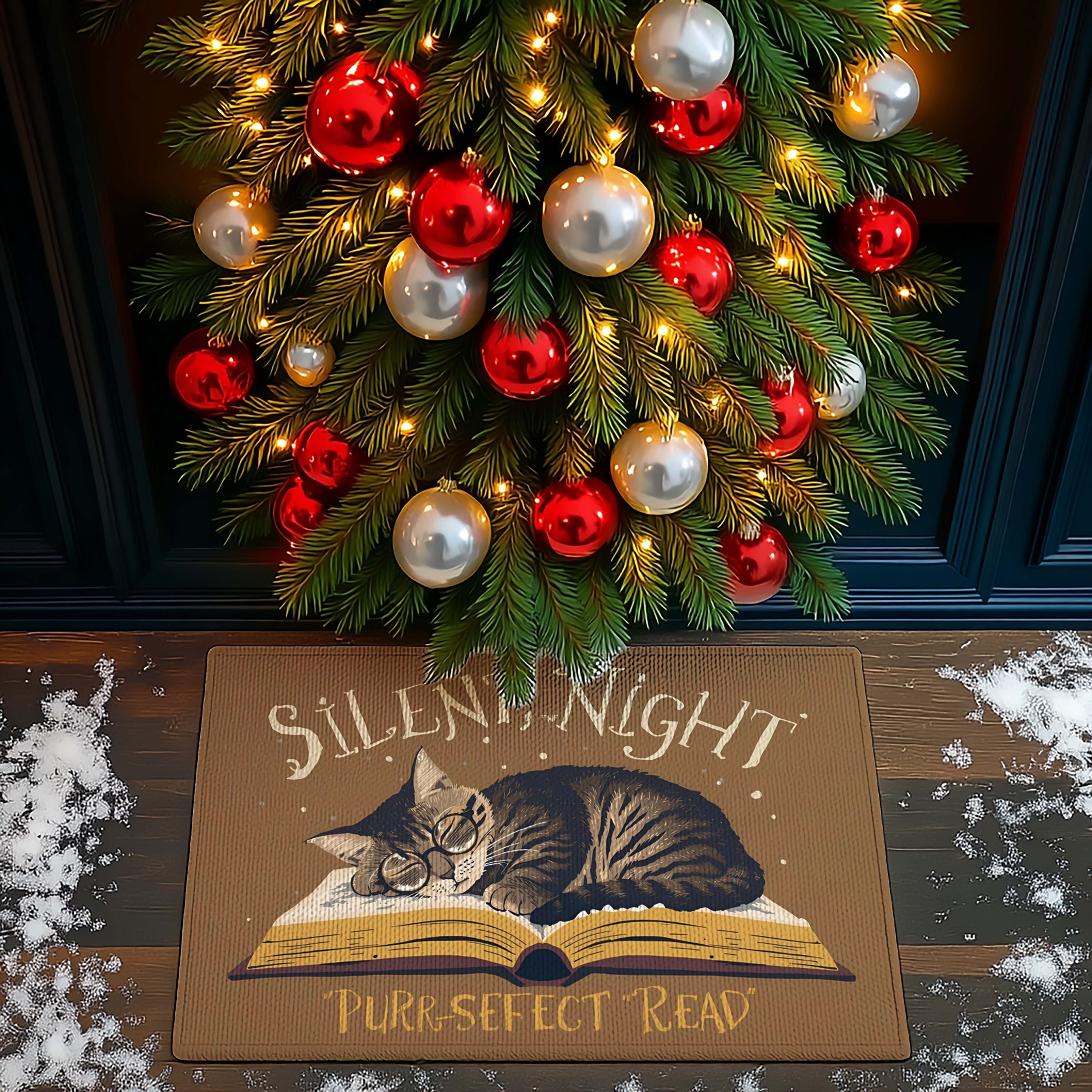 Warm Christmas Cat Book Scene Doormat - DMRC003