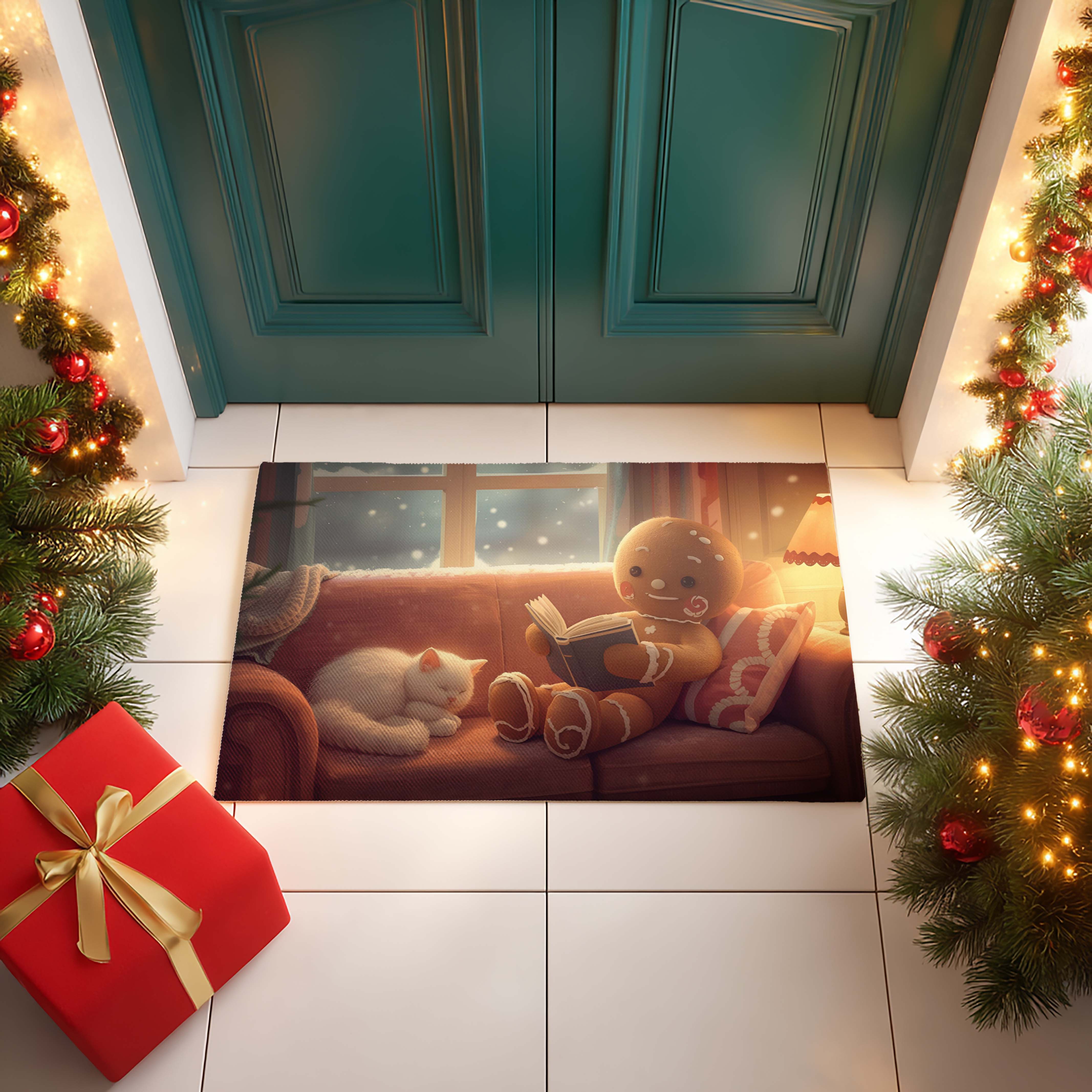 Sleeping Cat Gingerbread Story Door Mat - DMRC003