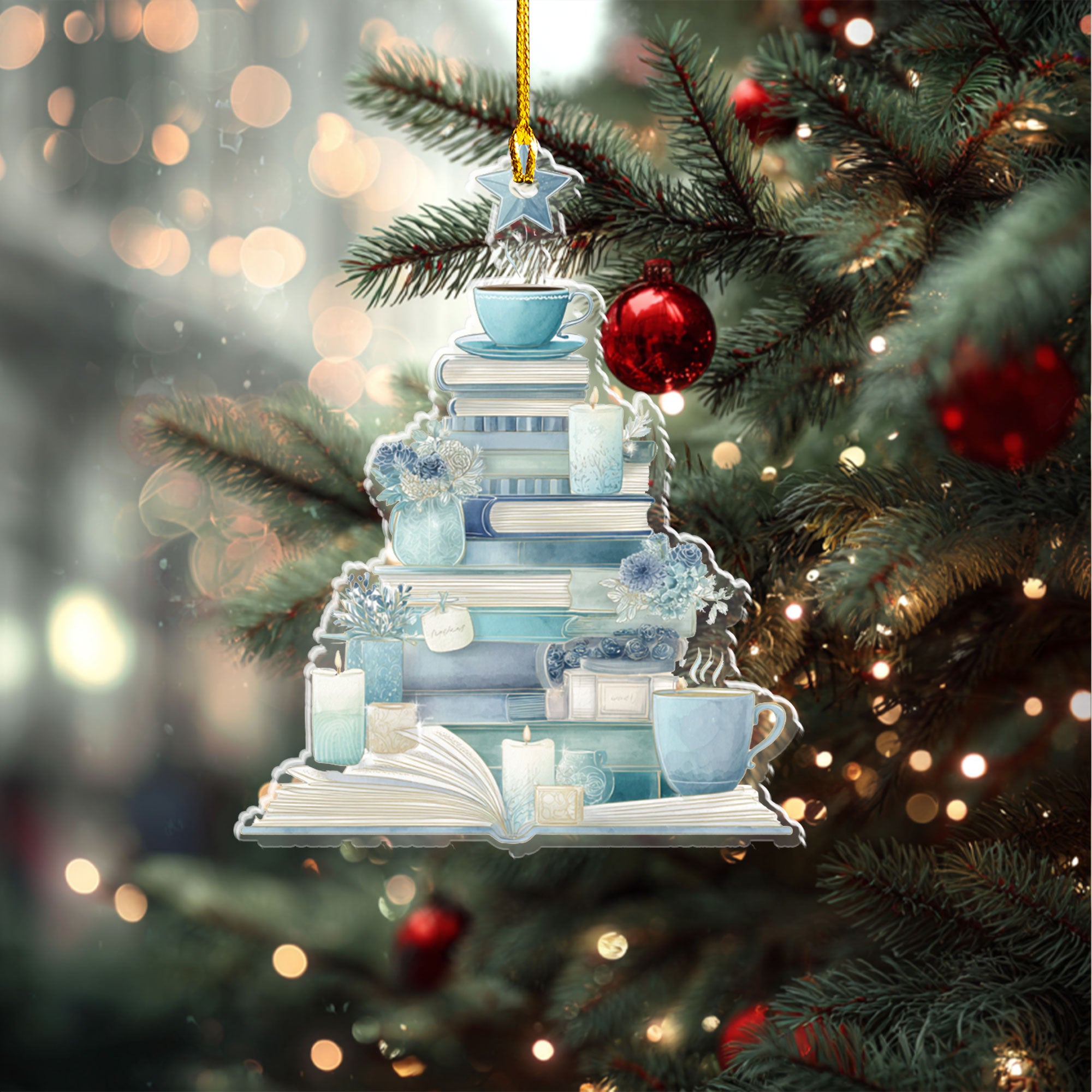Stacked Books, Candles & Tea Cup Ornament - ORD9C001