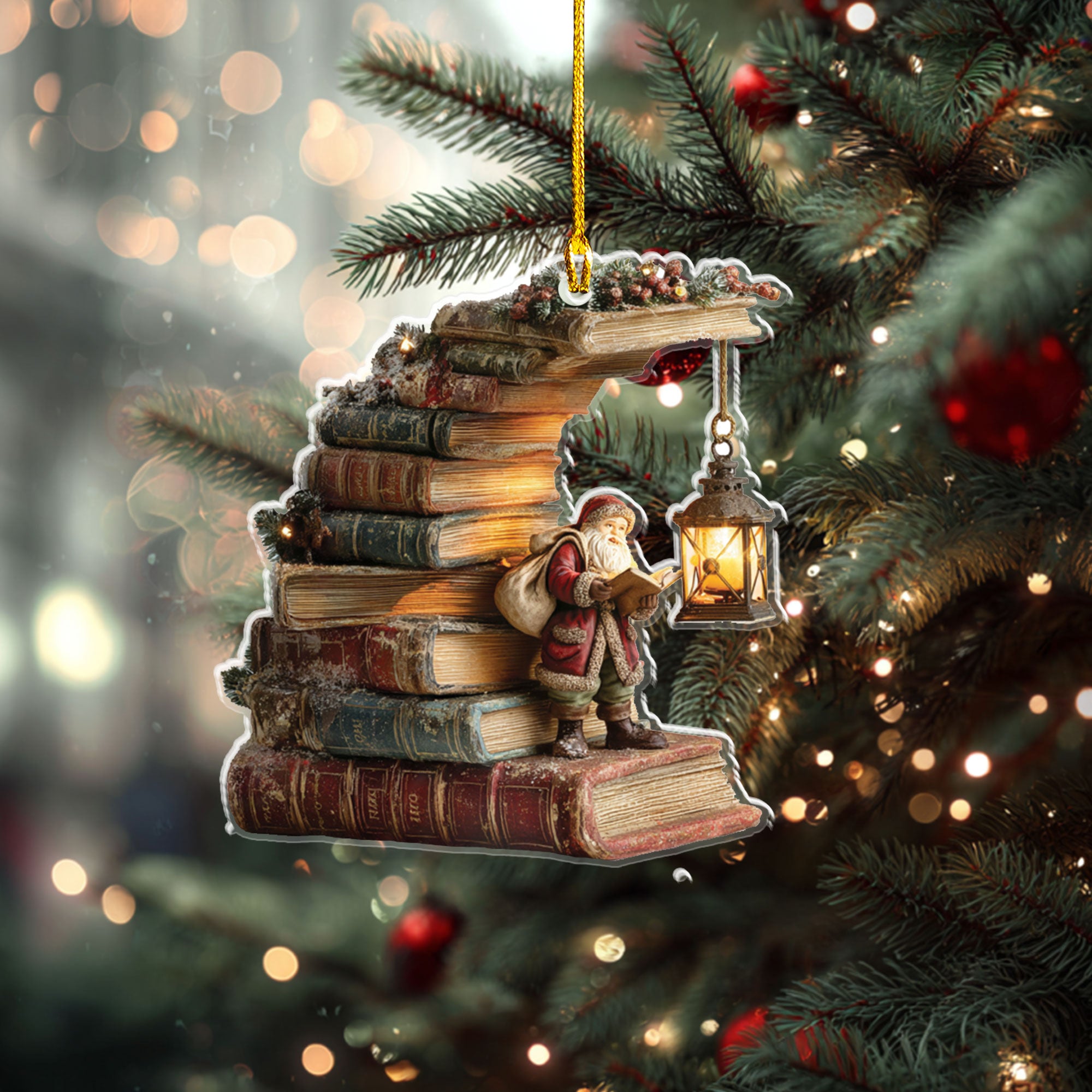 Storytelling Santa on Book Stack Ornament - ORD9C001