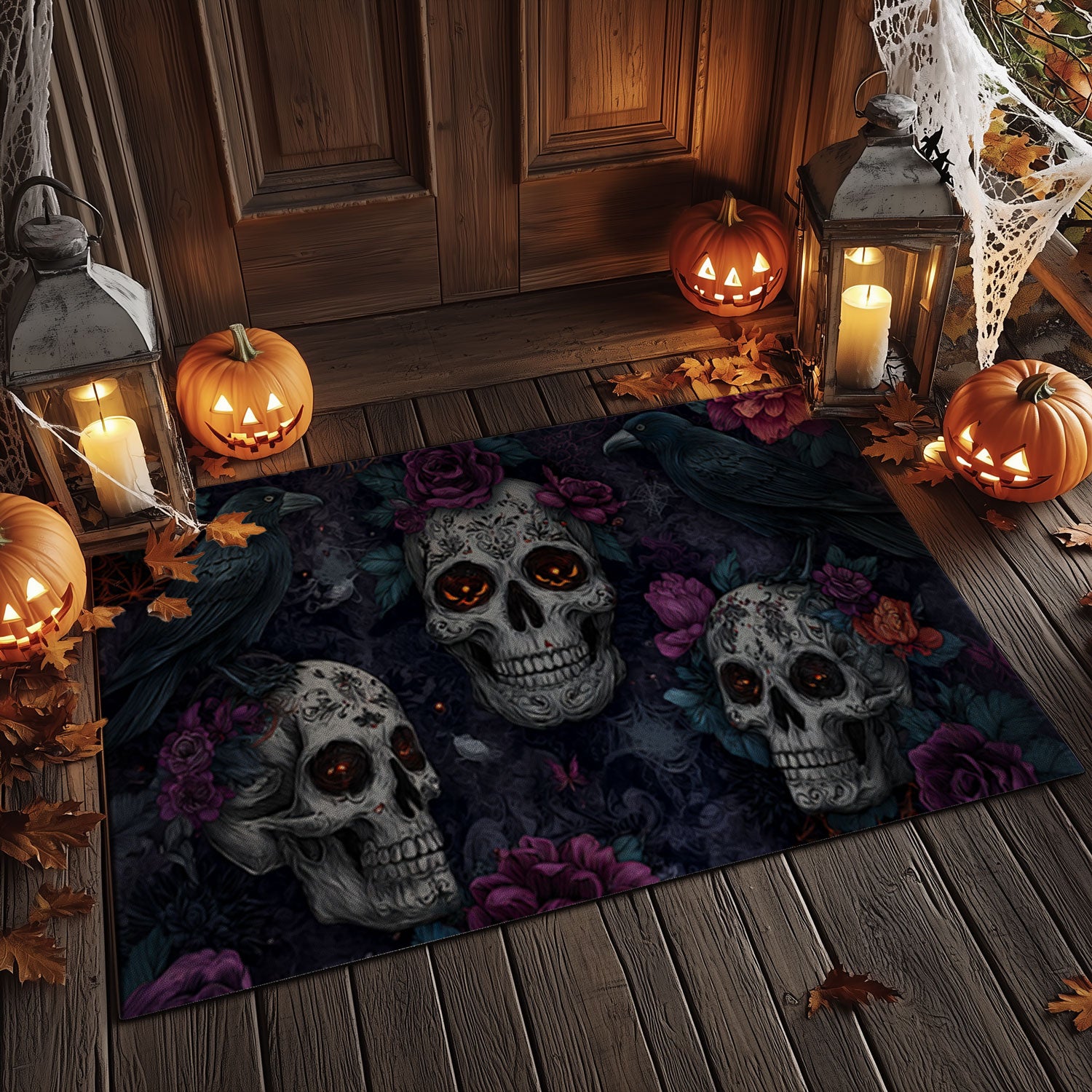 Three Glowing Skulls & Raven Halloween Doormat