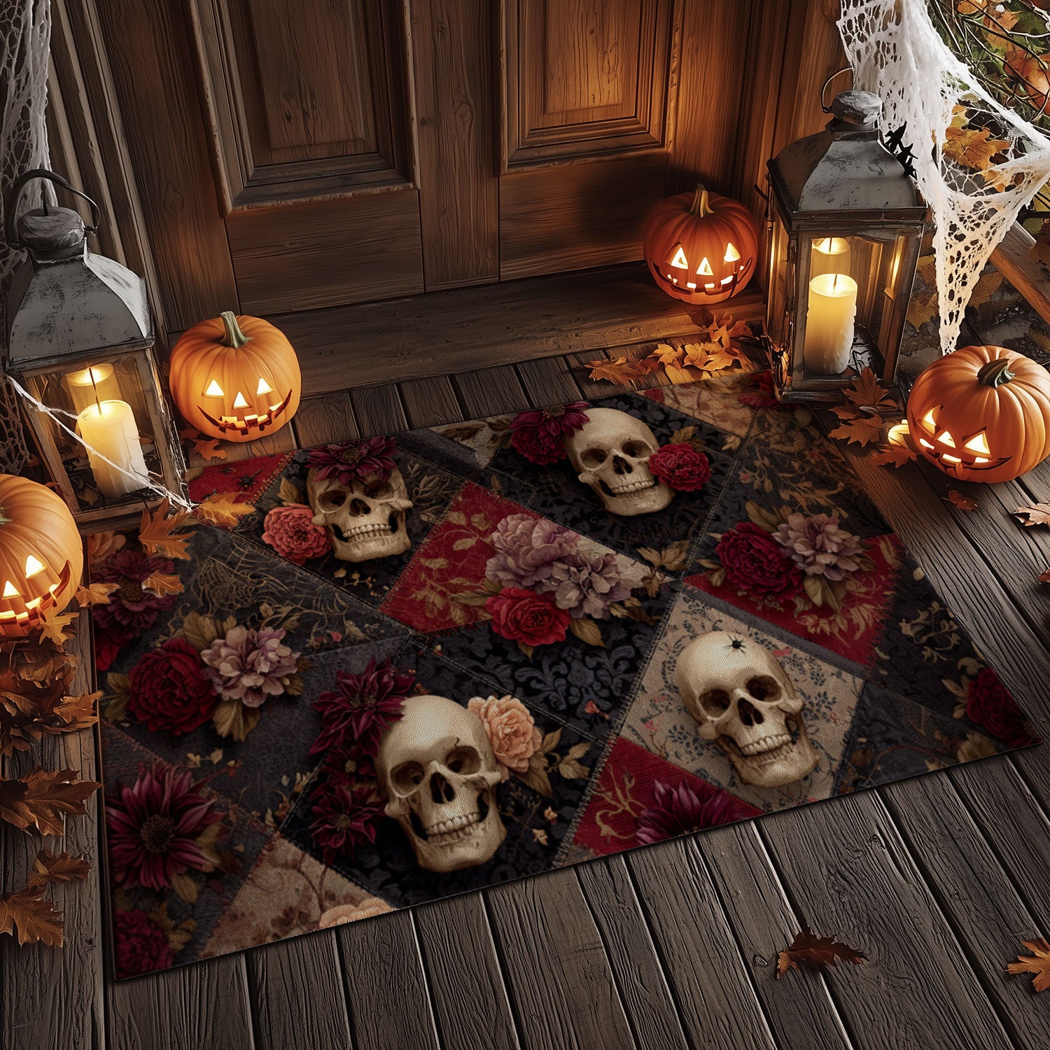 Vintage Floral Skull Quilt Welcome Mat