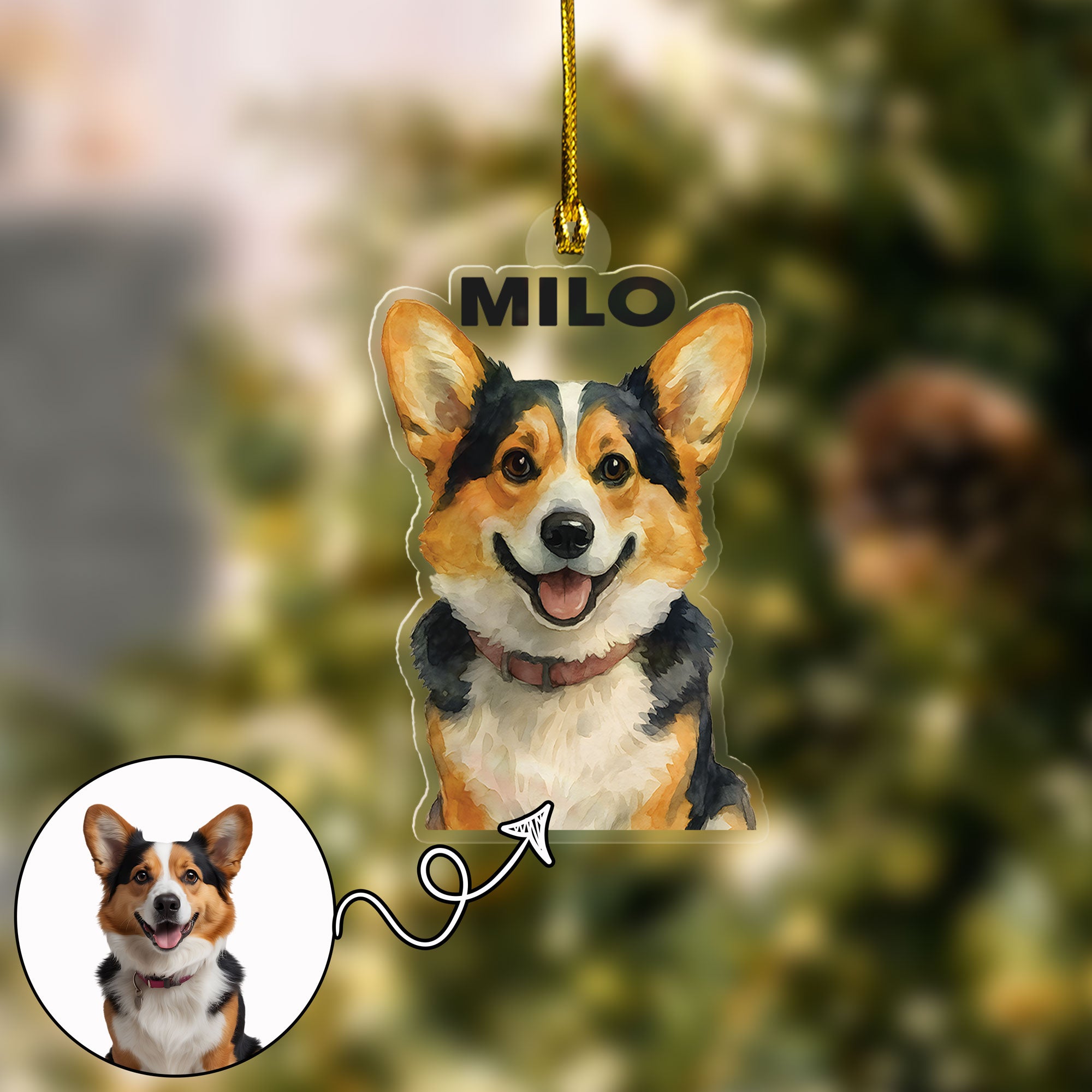 Watercolor Style Custom Pet Photo Christmas Ornament