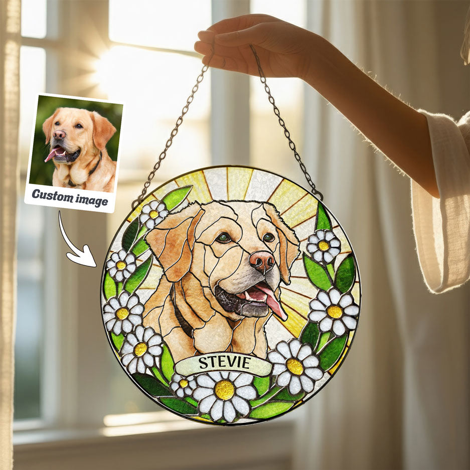 White Daisy Wreath Dog Portrait Suncatcher - SPETCD1C101
