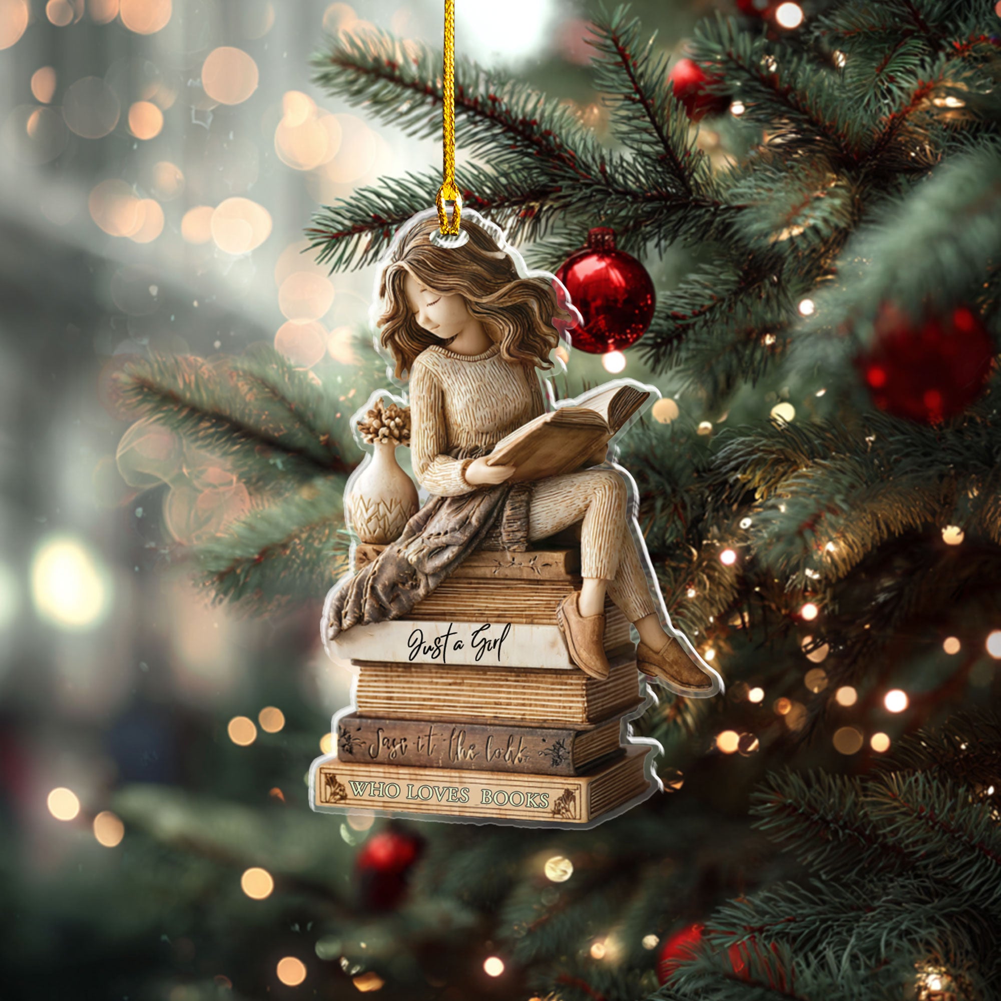 Winter Reading Girl and Pine Cones Decor -ORD9C001