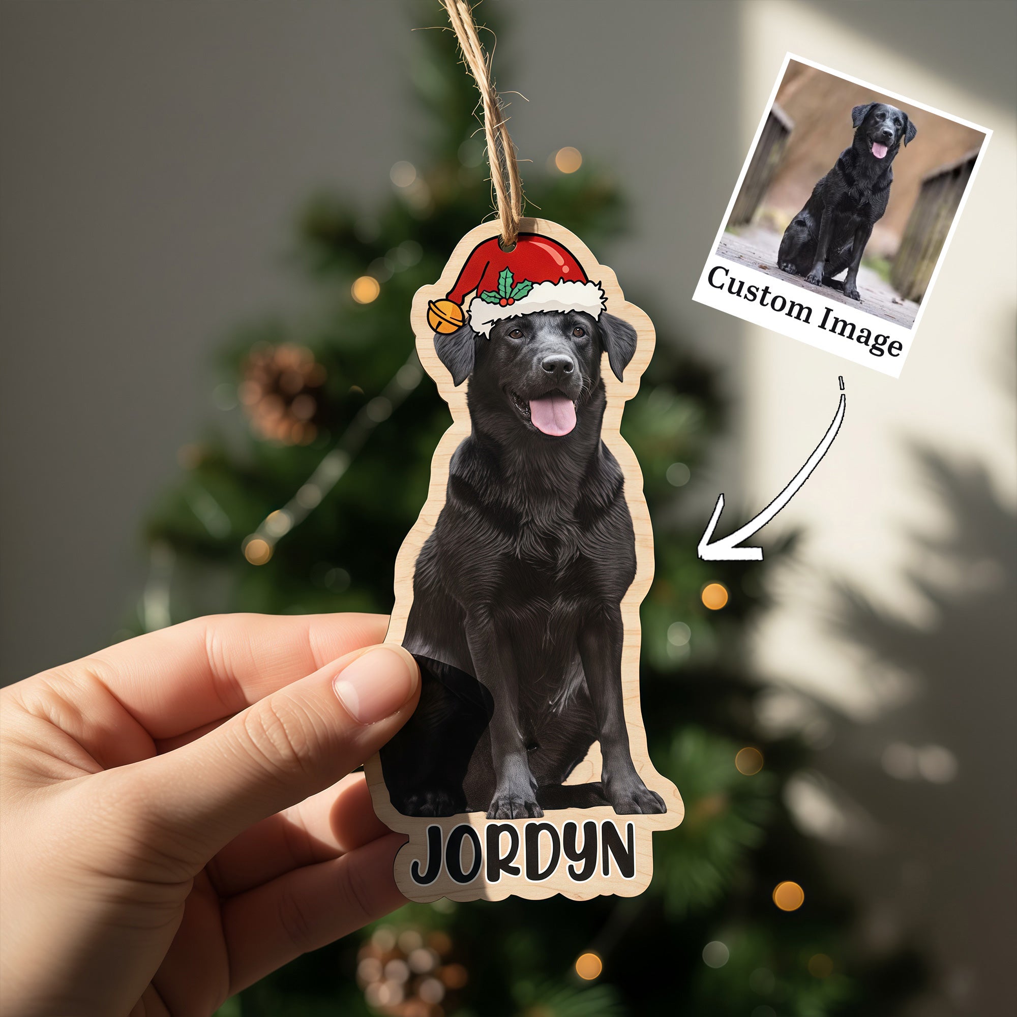 Wooden Pet Photo Christmas Ornament with Santa Hat