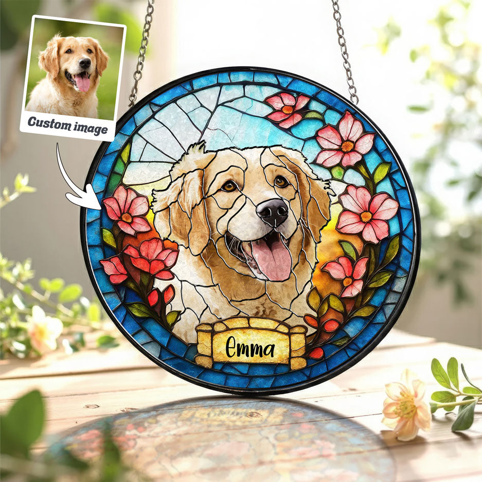 Blue & Pink Floral Dog Portrait Suncatcher - SPETCD1C101