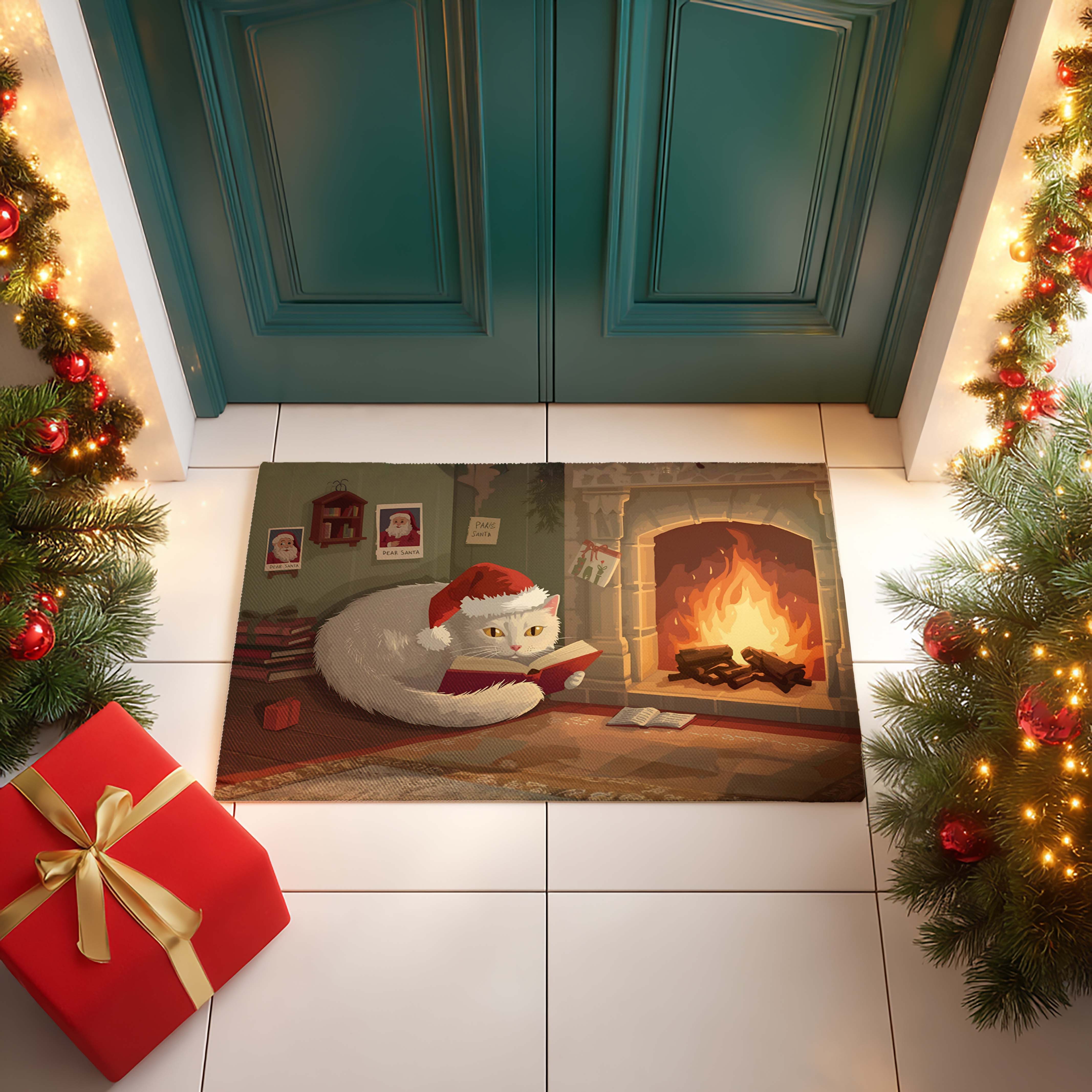 Bookworm Cat Christmas Door Mat - DMRC003