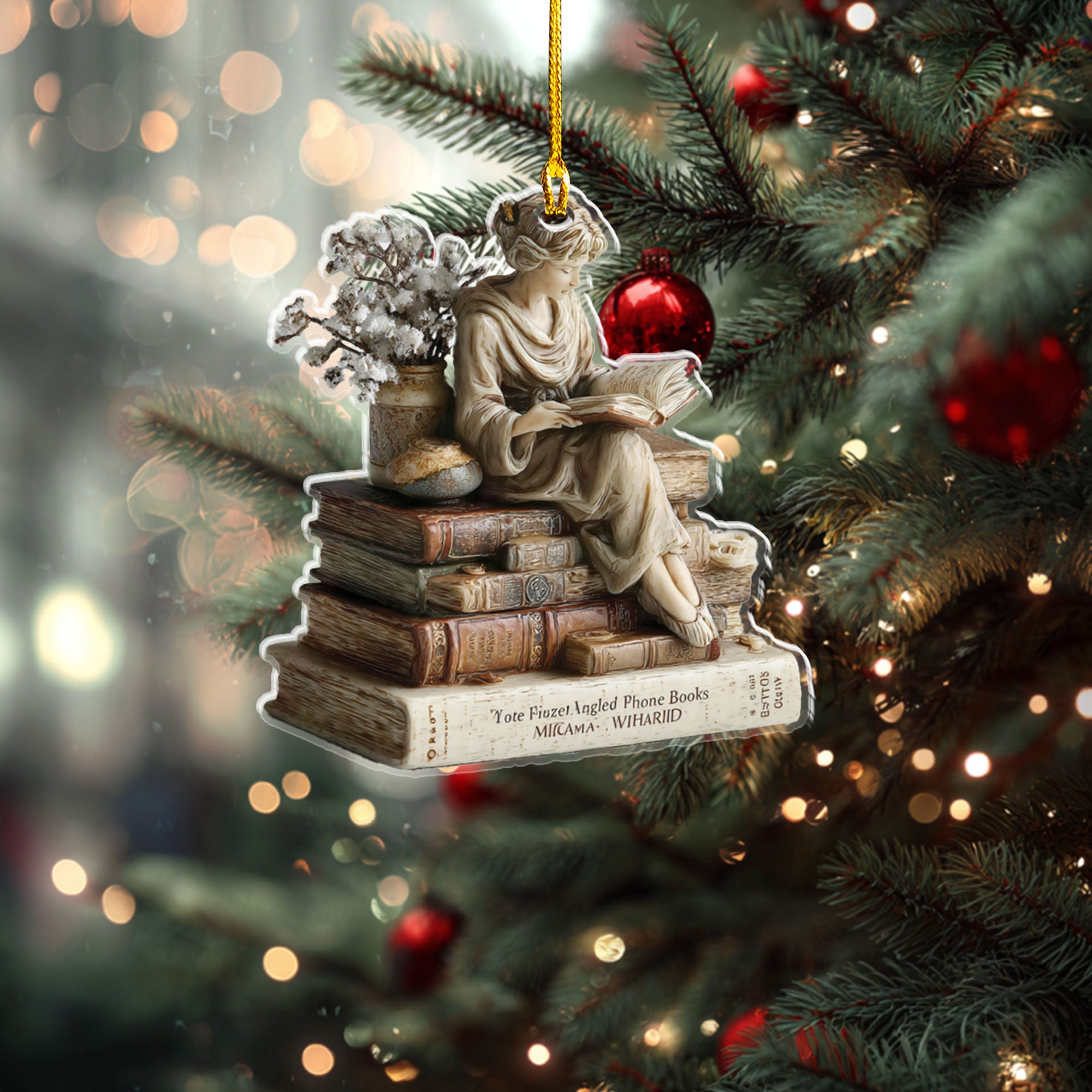 Classical Scholar Reading on Book Stack Ornament - ORD9C001
