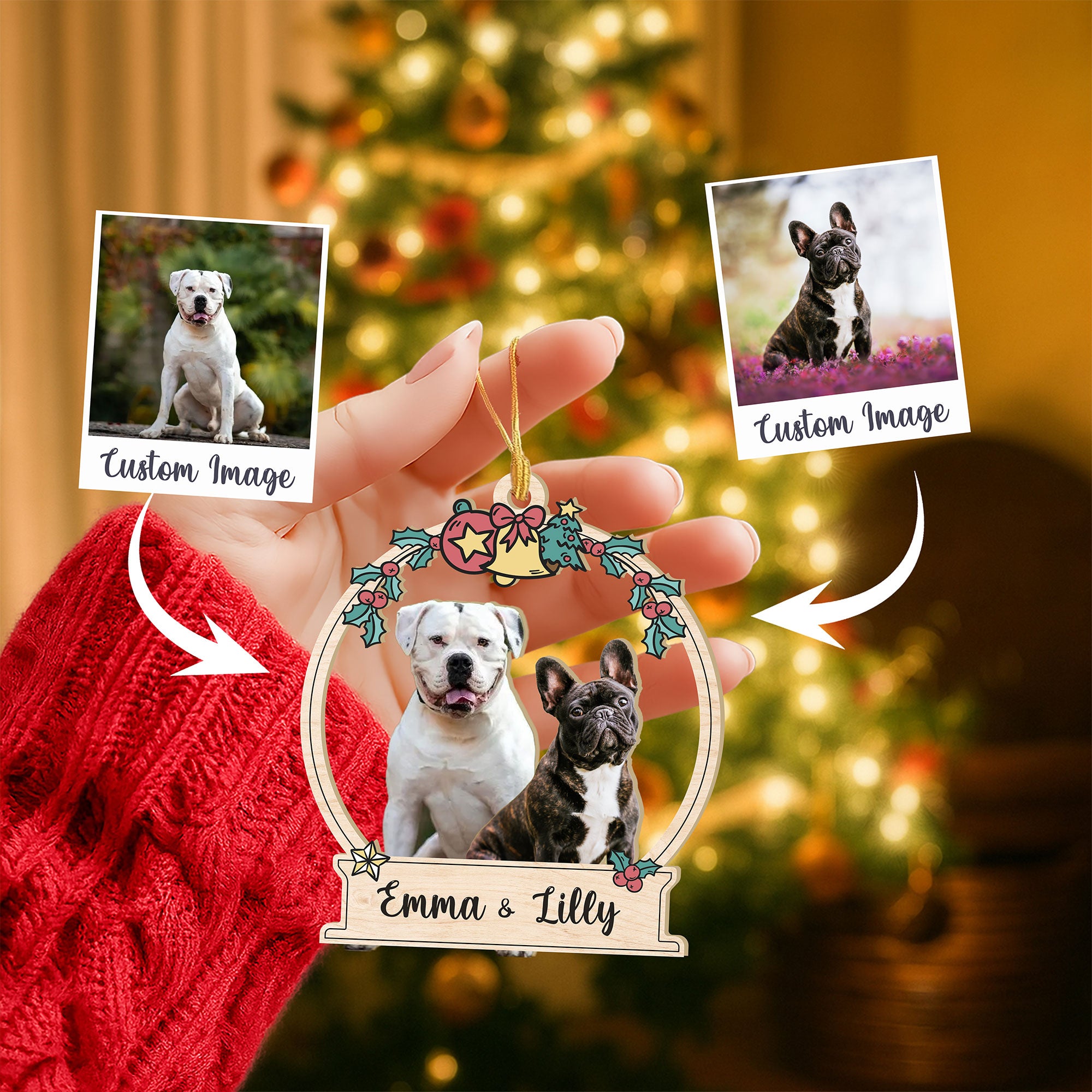 Clear Ornament with Two Pet Photos and Custom Name Banner