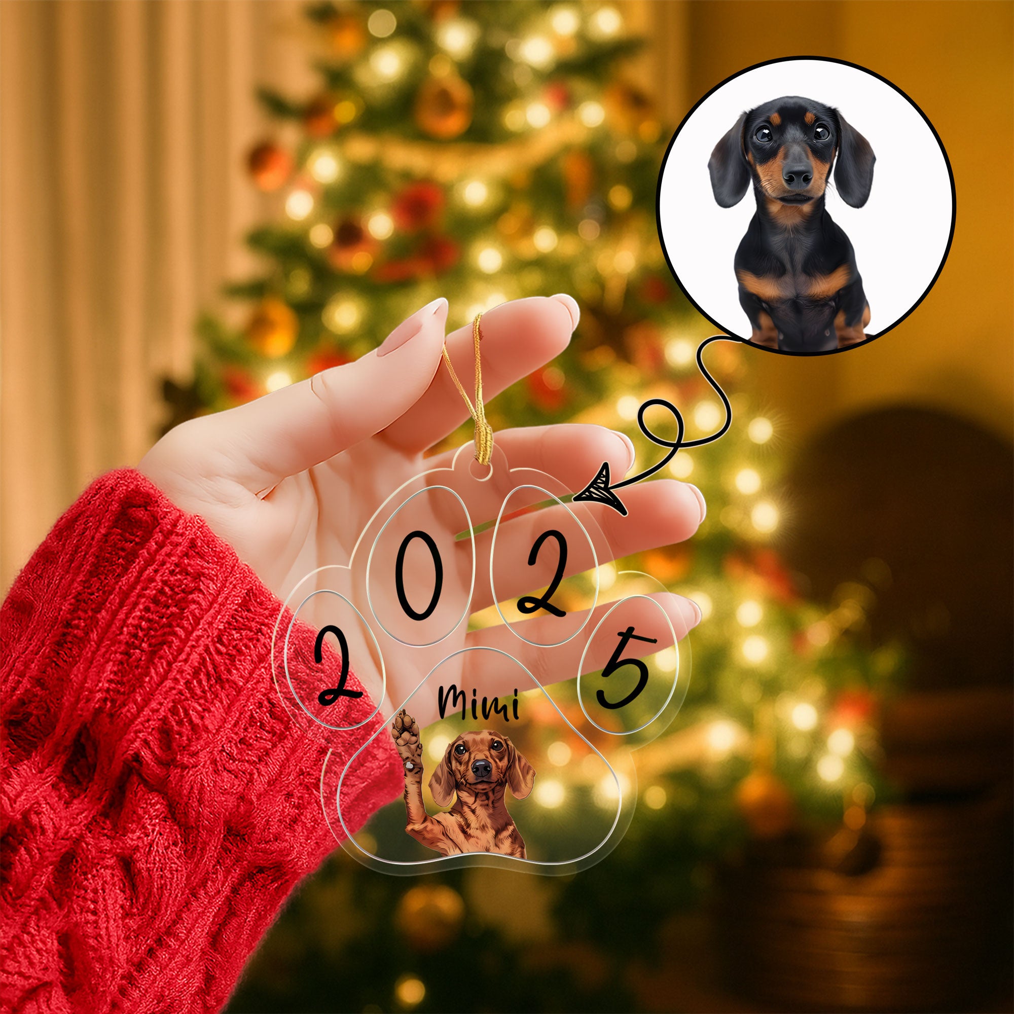 Clear Pet Name & Year Paw Christmas Charm Ornament