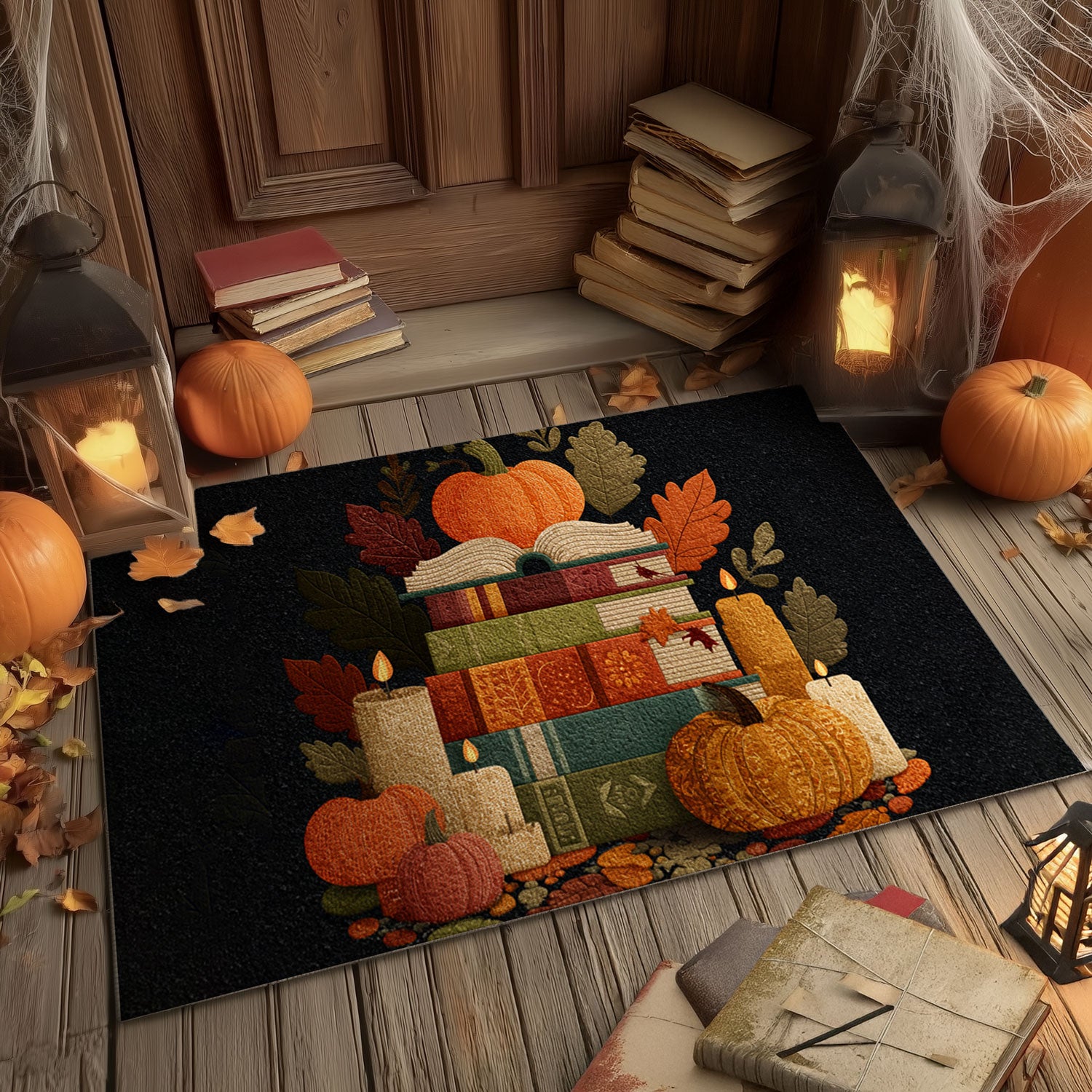 Cozy Autumn Stack of Books Doormat