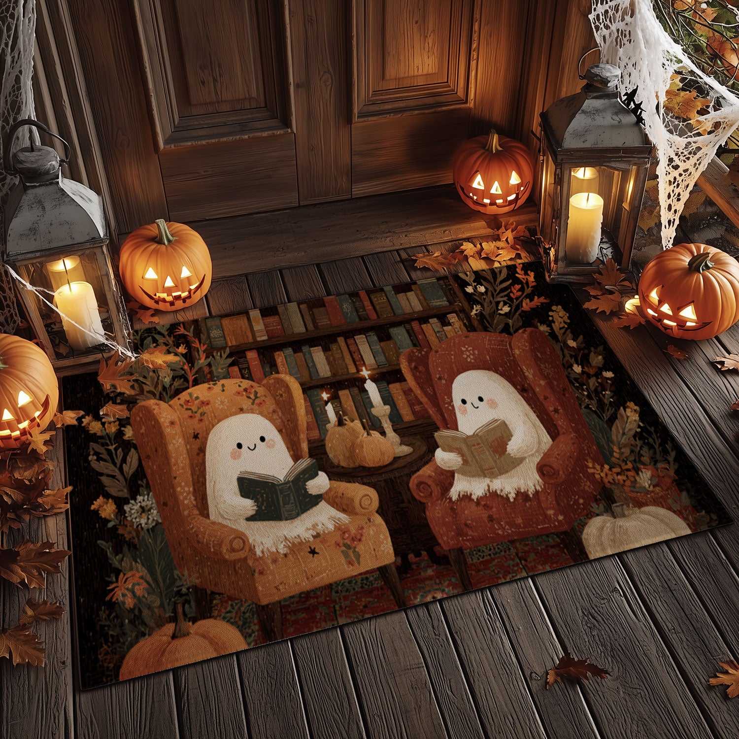 Cozy Ghost Reading Halloween Doormat