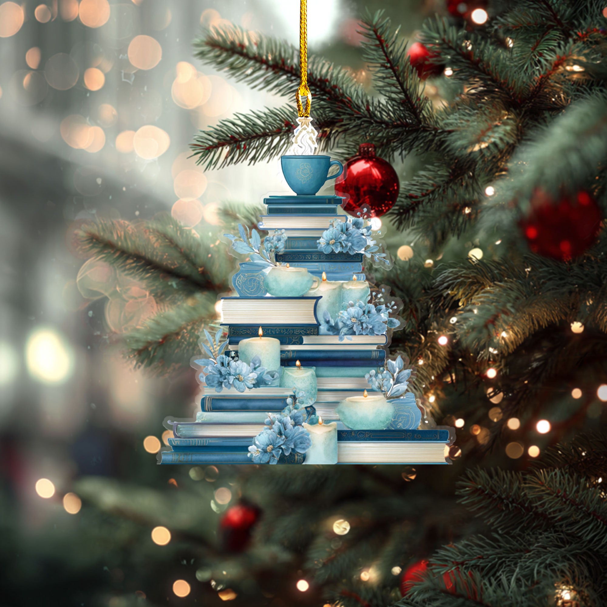 Cozy Teal and Blue Book Tree Ornament - ORD9C001