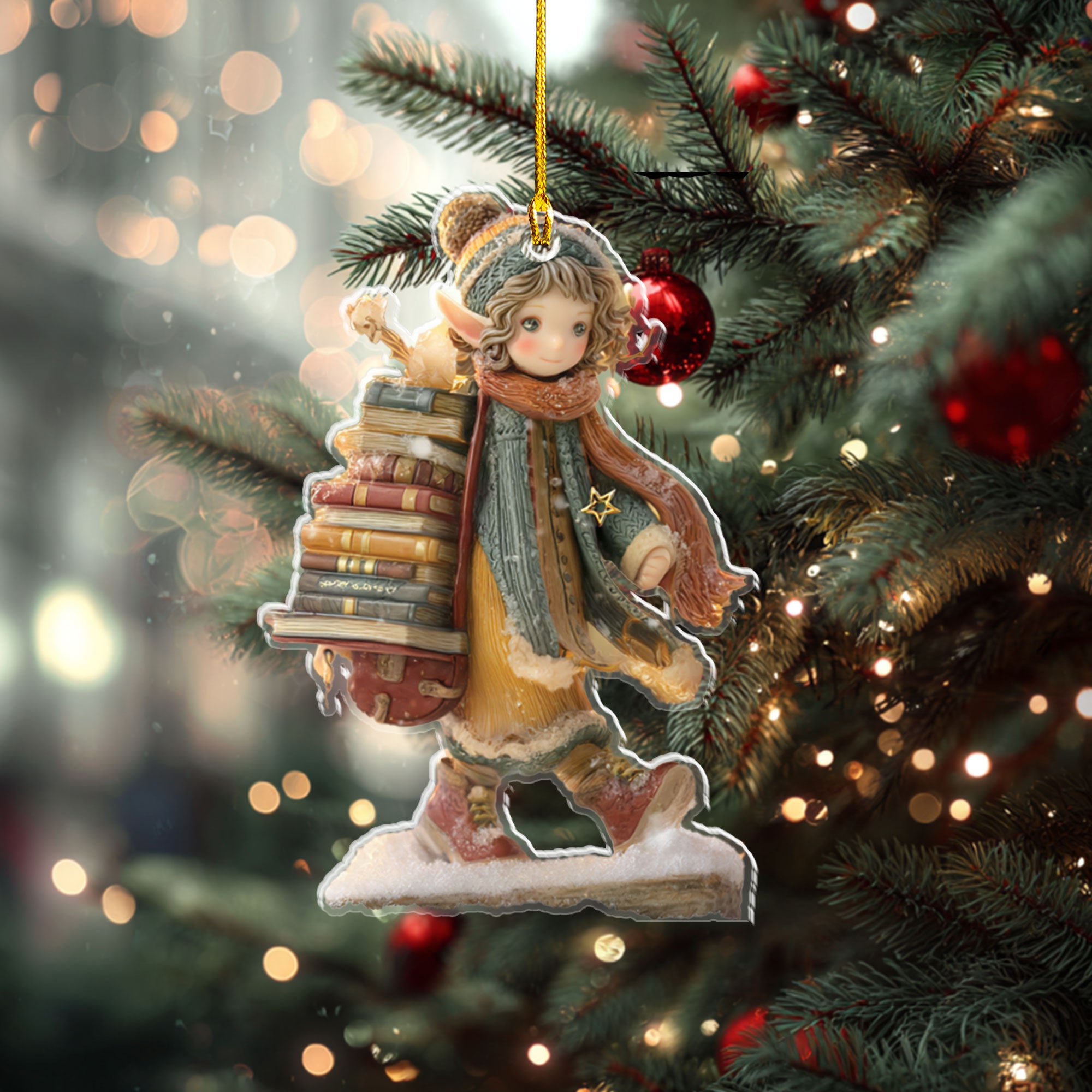Cozy Winter Elf Carrying Stack of Books Ornament - ORD9C001