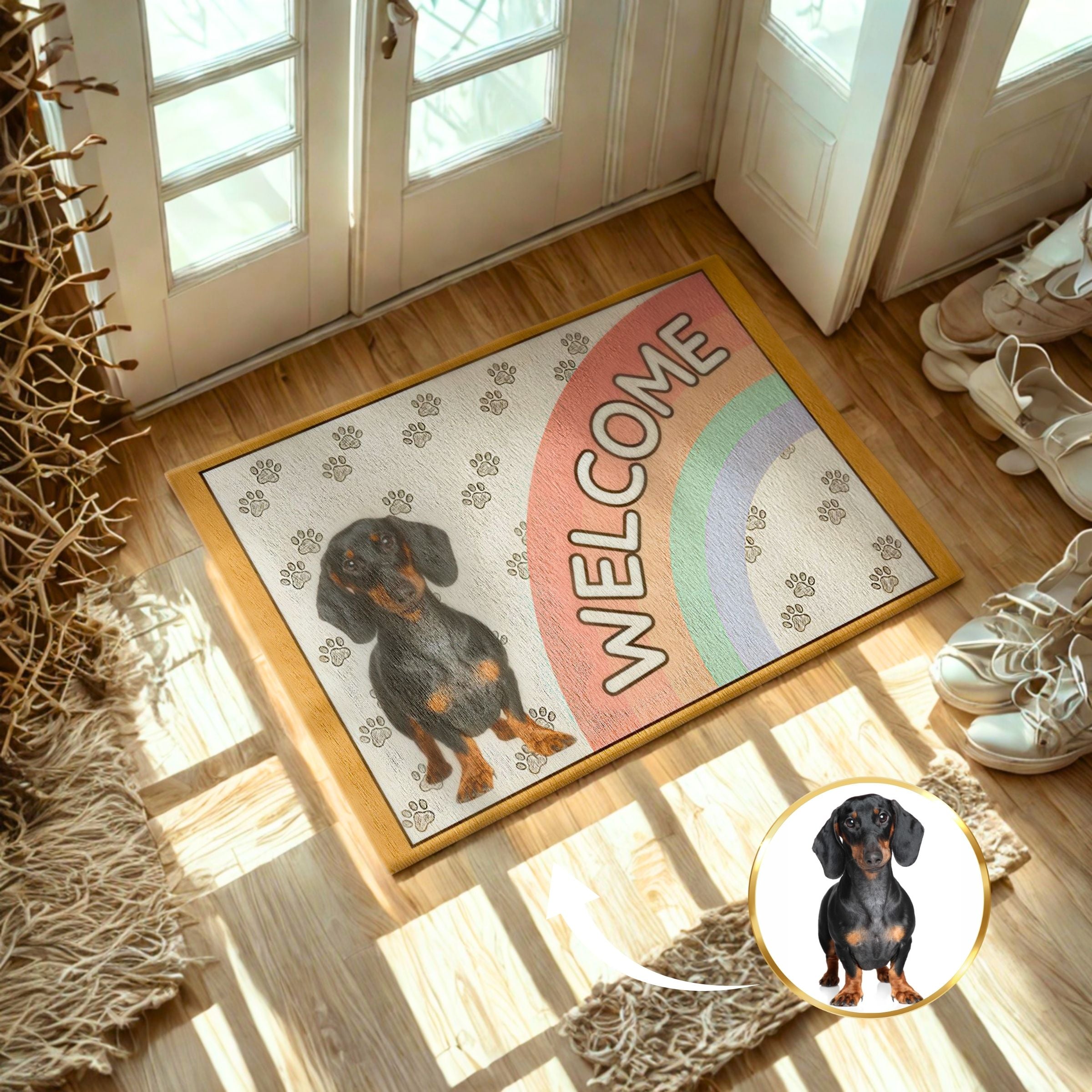 Cream-Colored Pet Photo & Rainbow Door Decorative Mat