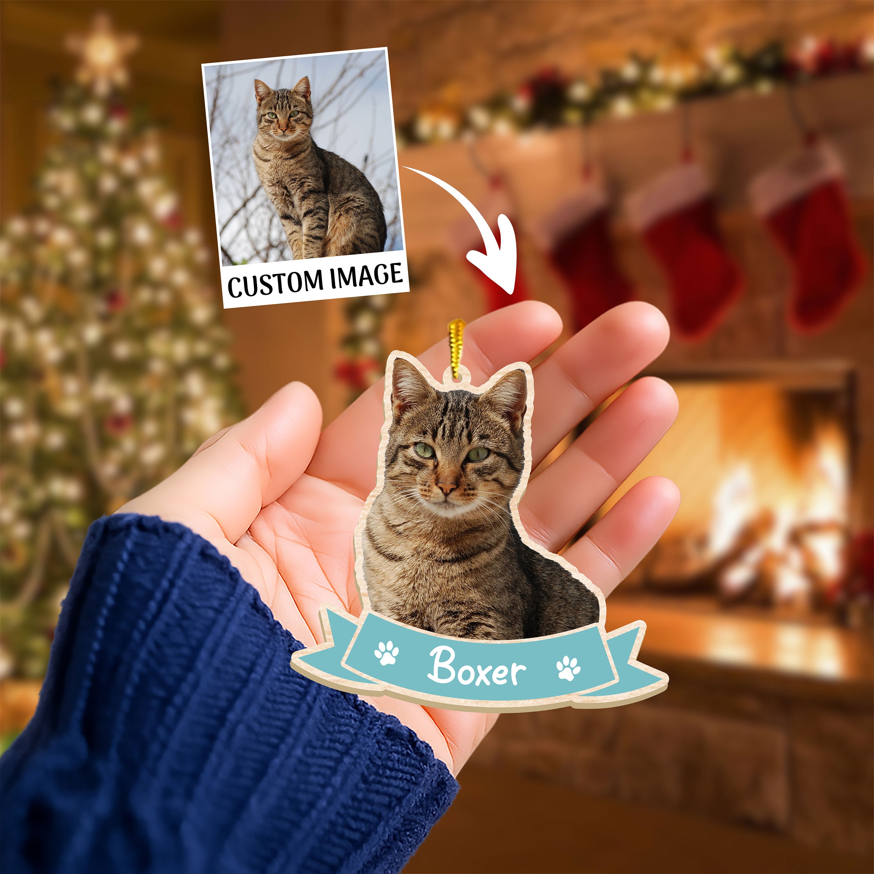 Custom Cat Photo Wood Ornament with Blue Name Banner