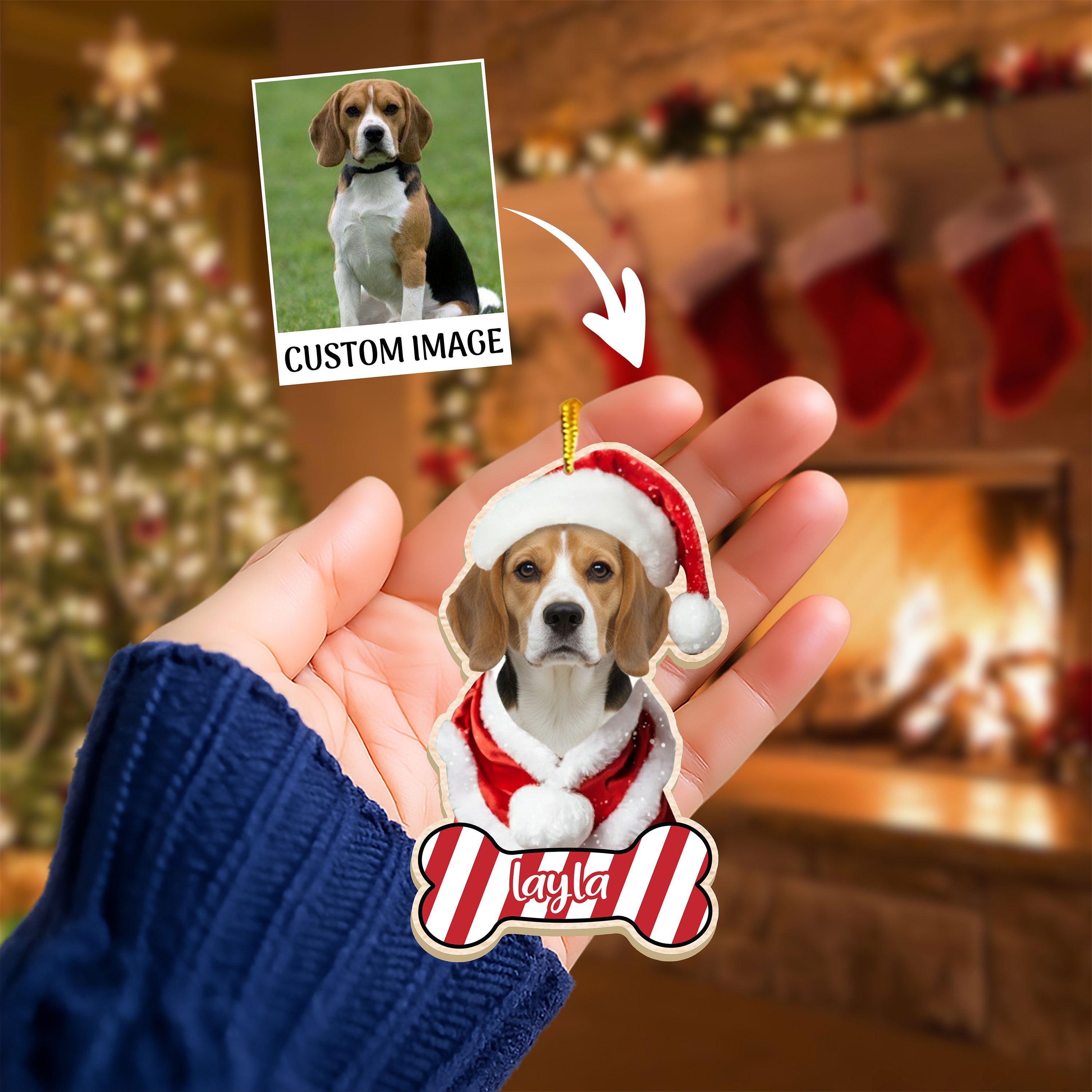 Custom Dog Photo Santa Suit Ornament with Personalized Bone Tag