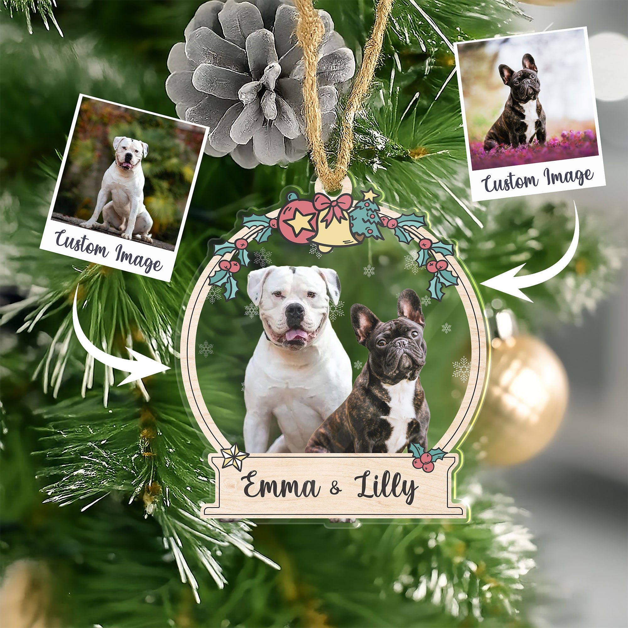 Custom Double Pet Photo Clear Ornament with Wreath and Bells
