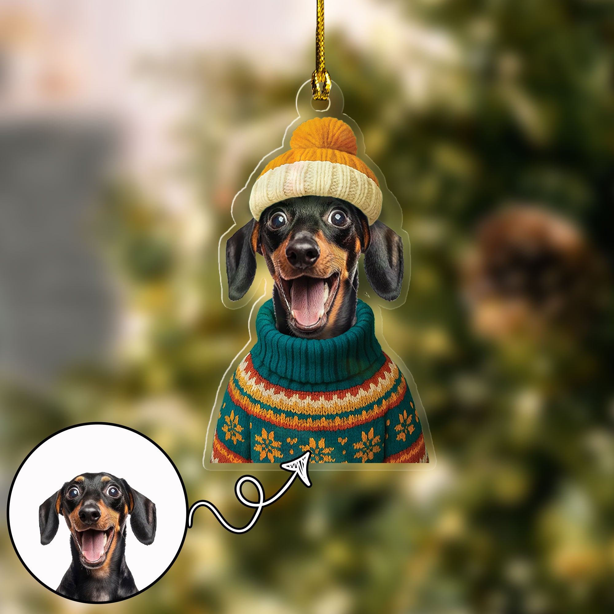 Custom Pet Photo Christmas Ornament in Winter Sweater and Beanie