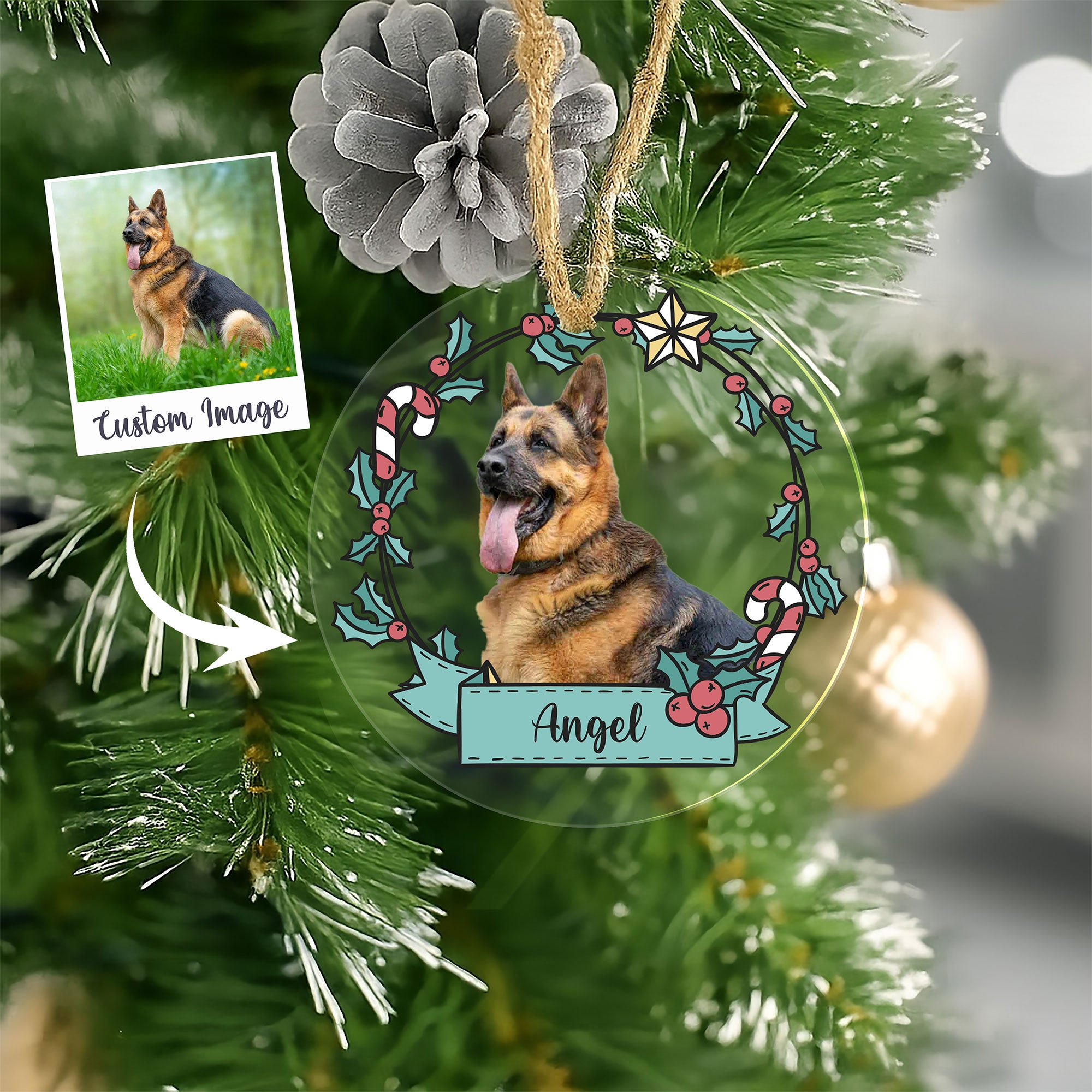 Custom Pet Photo Clear Acrylic Christmas Ornament with Wreath