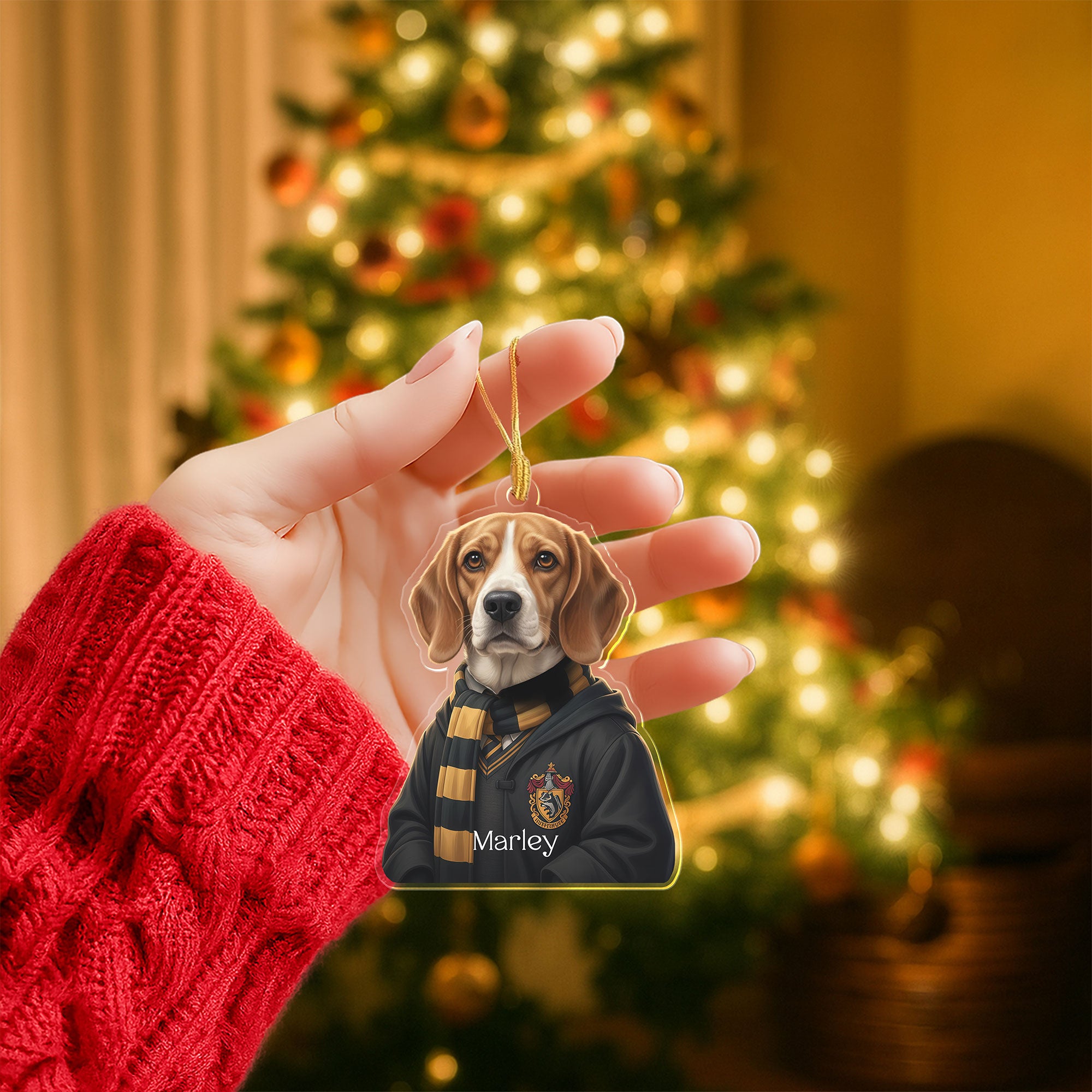 Custom Pet Photo Wizard Ornament – Yellow Black Scarf | Magic School Gift