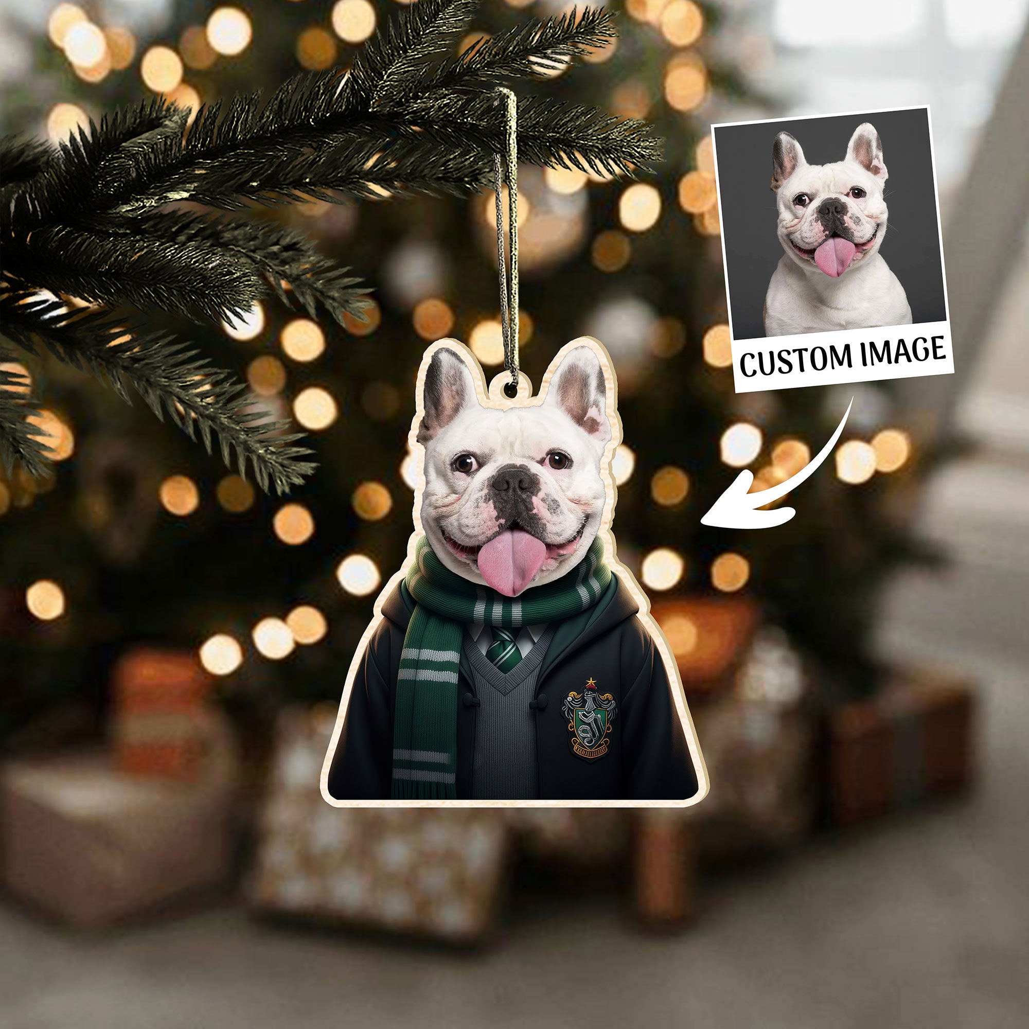 Custom Pet Photo Wood Ornament – Hogwarts Wizard House Uniform