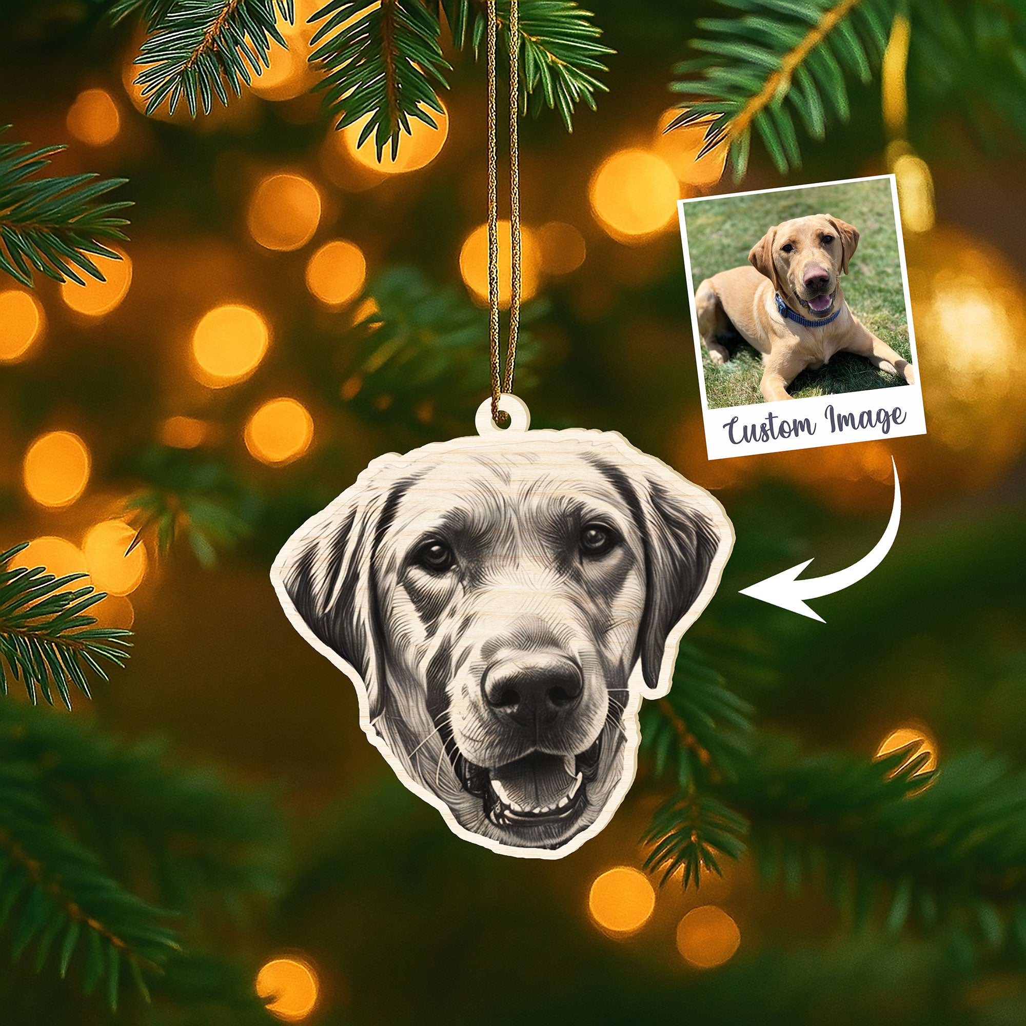 Custom Pet Photo Wood Ornament – Sketch Style