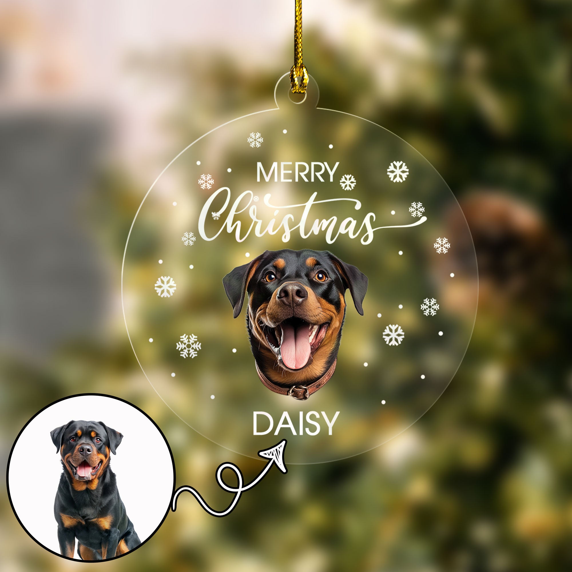 Custom Pet Portrait Snowflakes Round Ornament Christmas