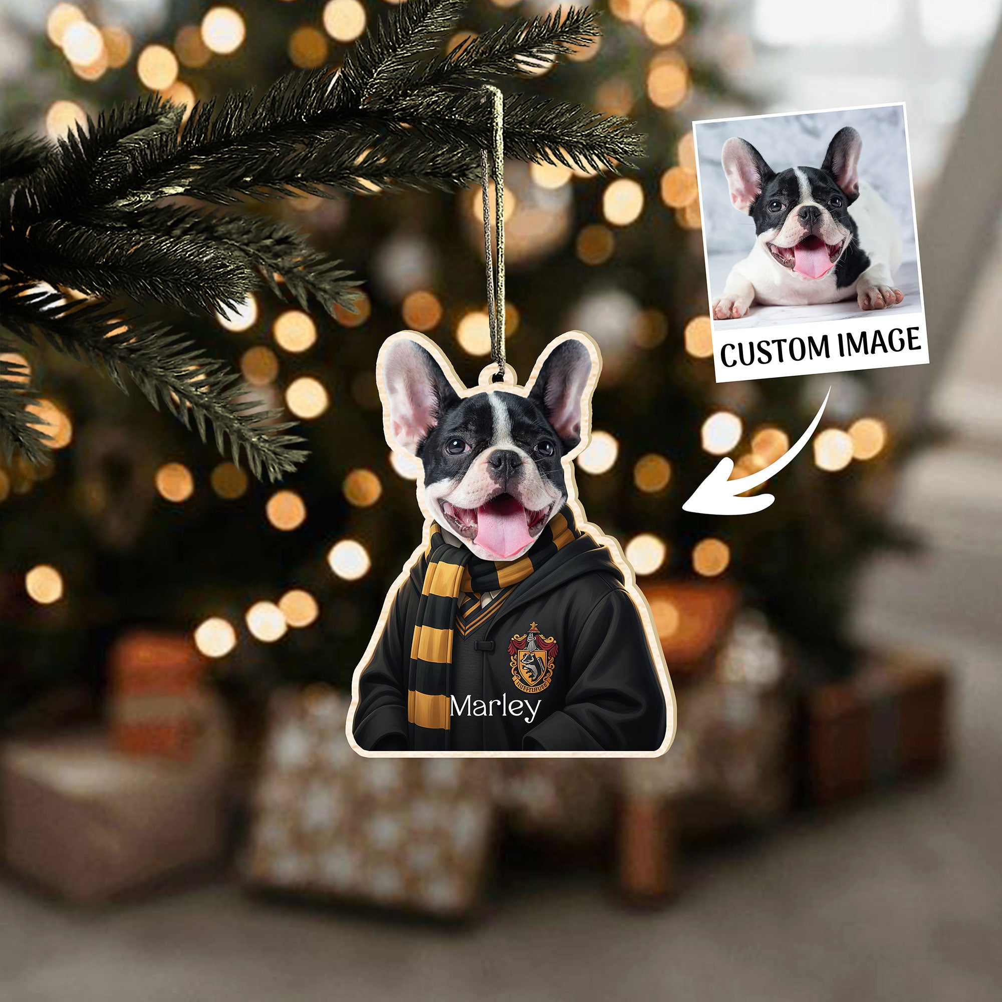 Custom Pet Portrait Wood Ornament – Gryffindor Wizard House Uniform