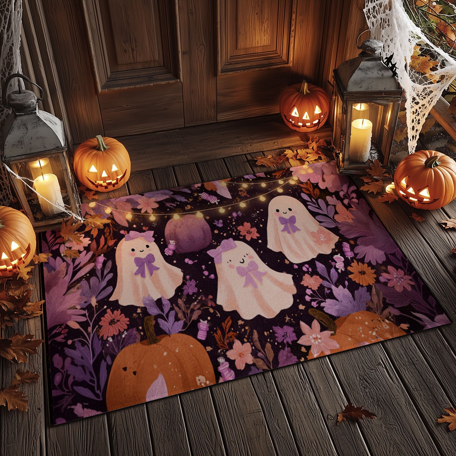 Cute Bow Ghost & Floral Halloween Doormat