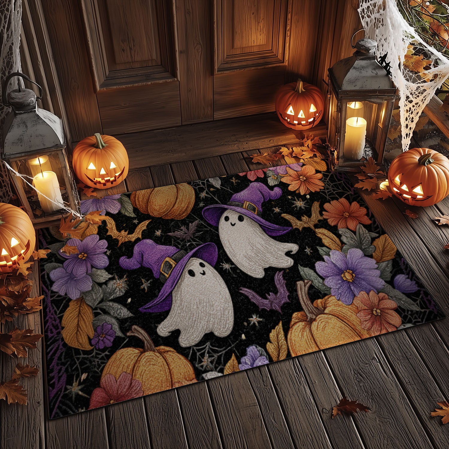 Cute Ghost & Floral Halloween Doormat