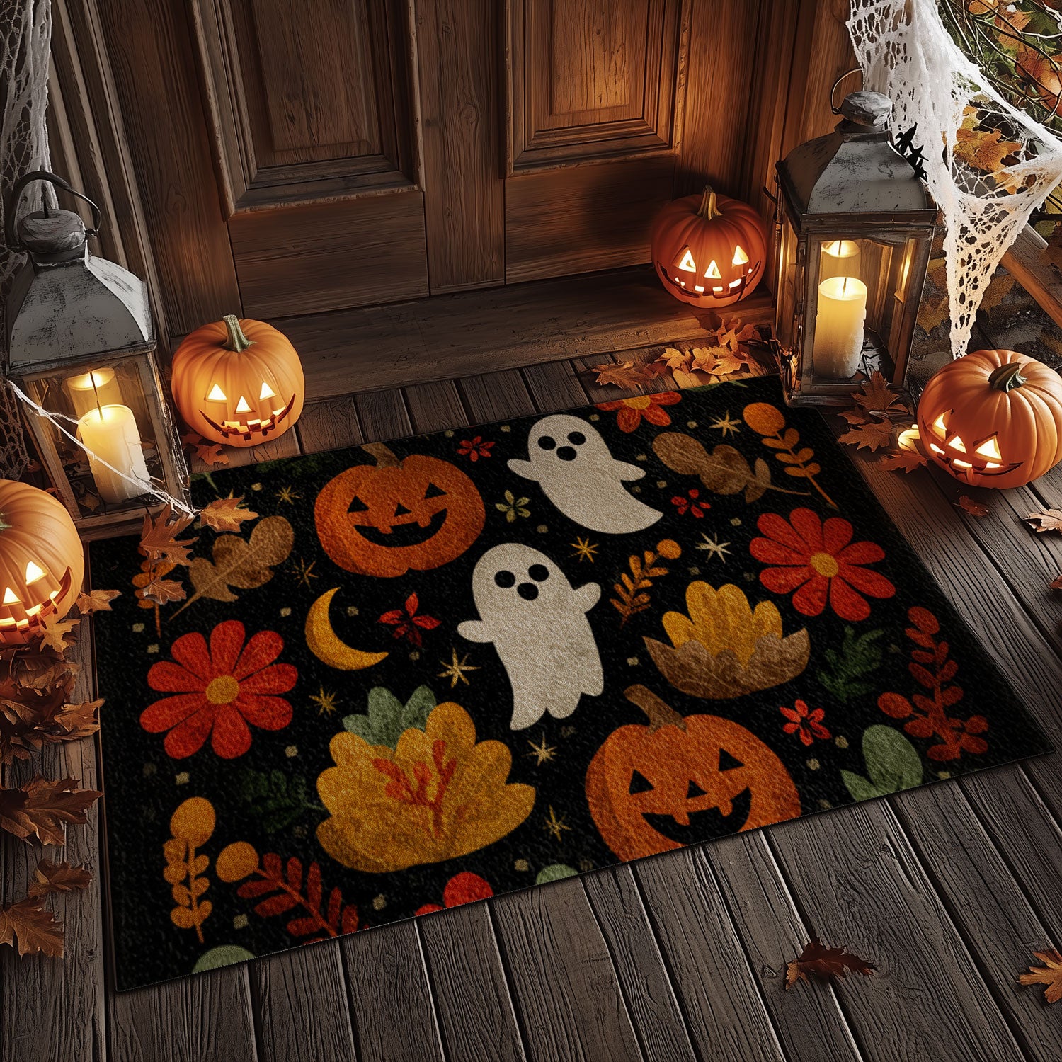 Cute Ghost, Pumpkin & Fall Floral Doormat | Autumn Mat