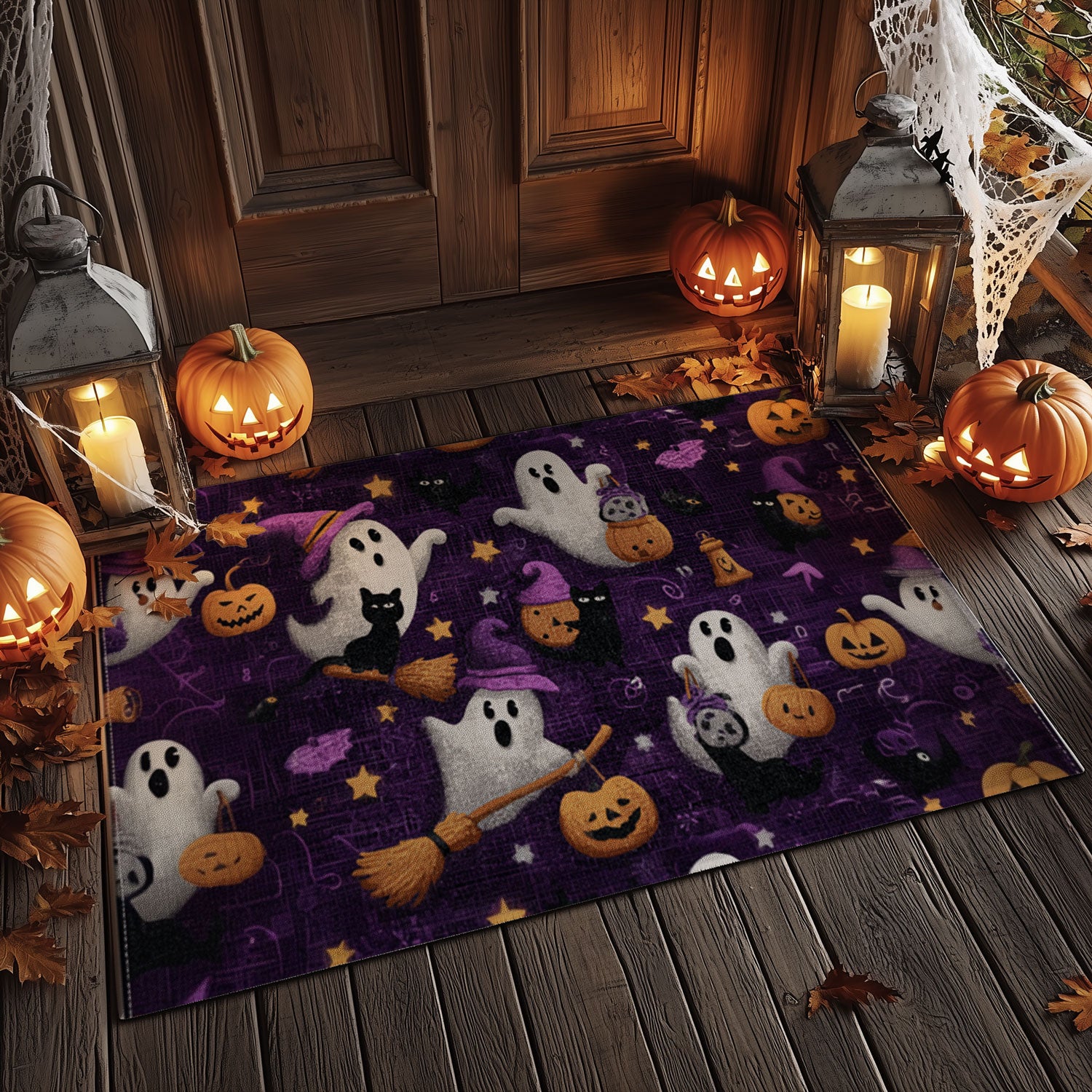 Cute Witch Ghost & Black Cat Doormat