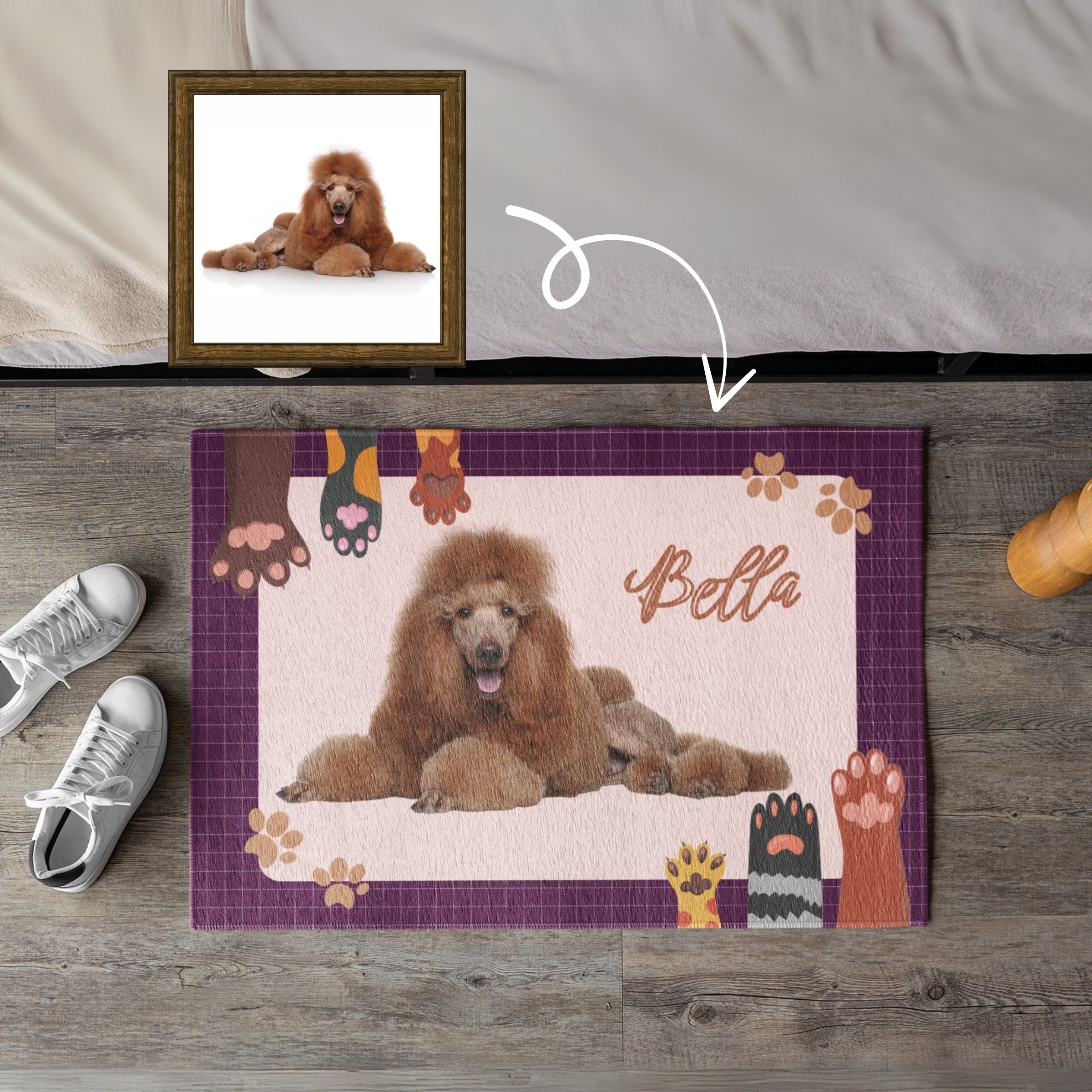 Dog Photo Door Mat with Purple Gingham_Grid Background
