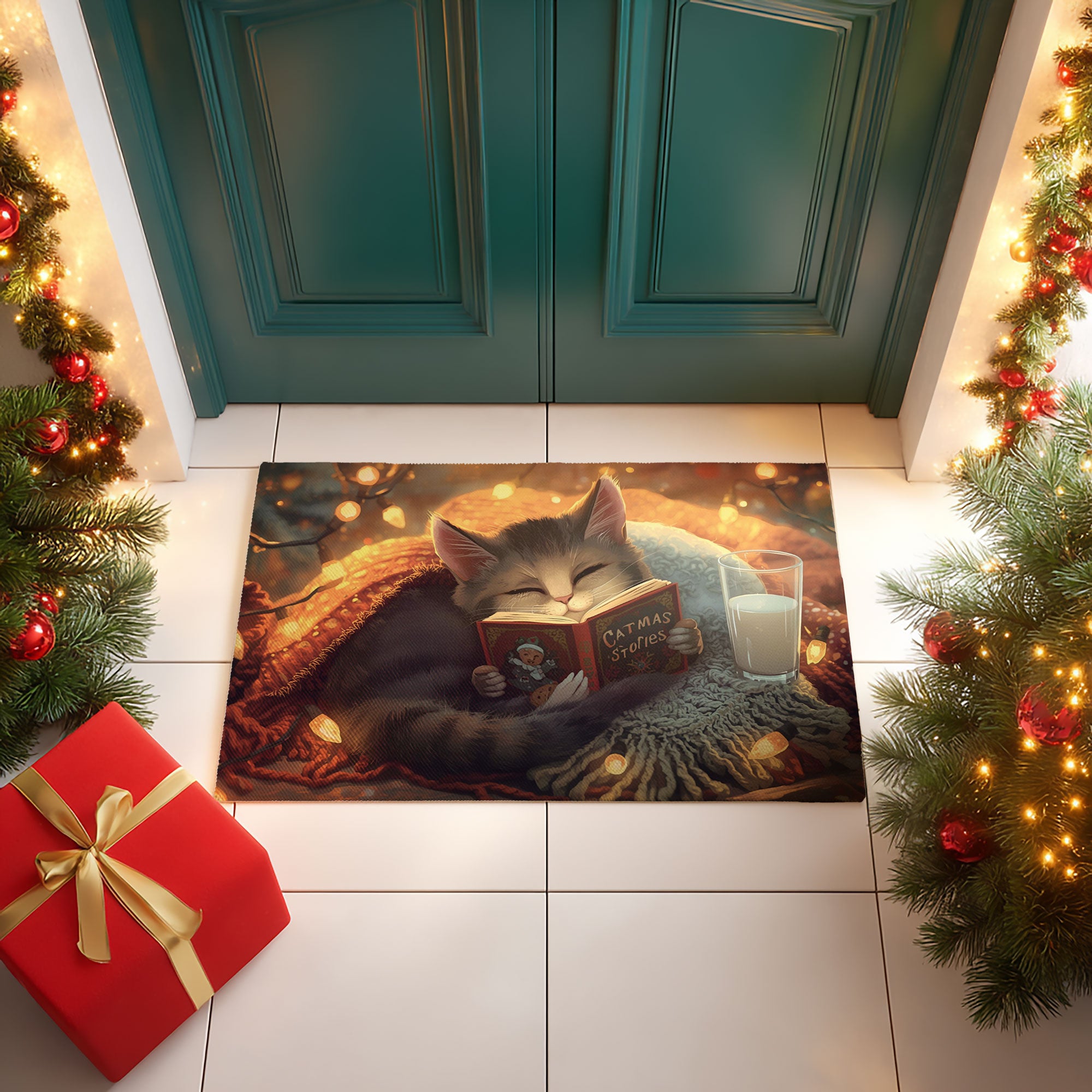 Fairy Lights Cat Bookworm Doormat - DMRC003