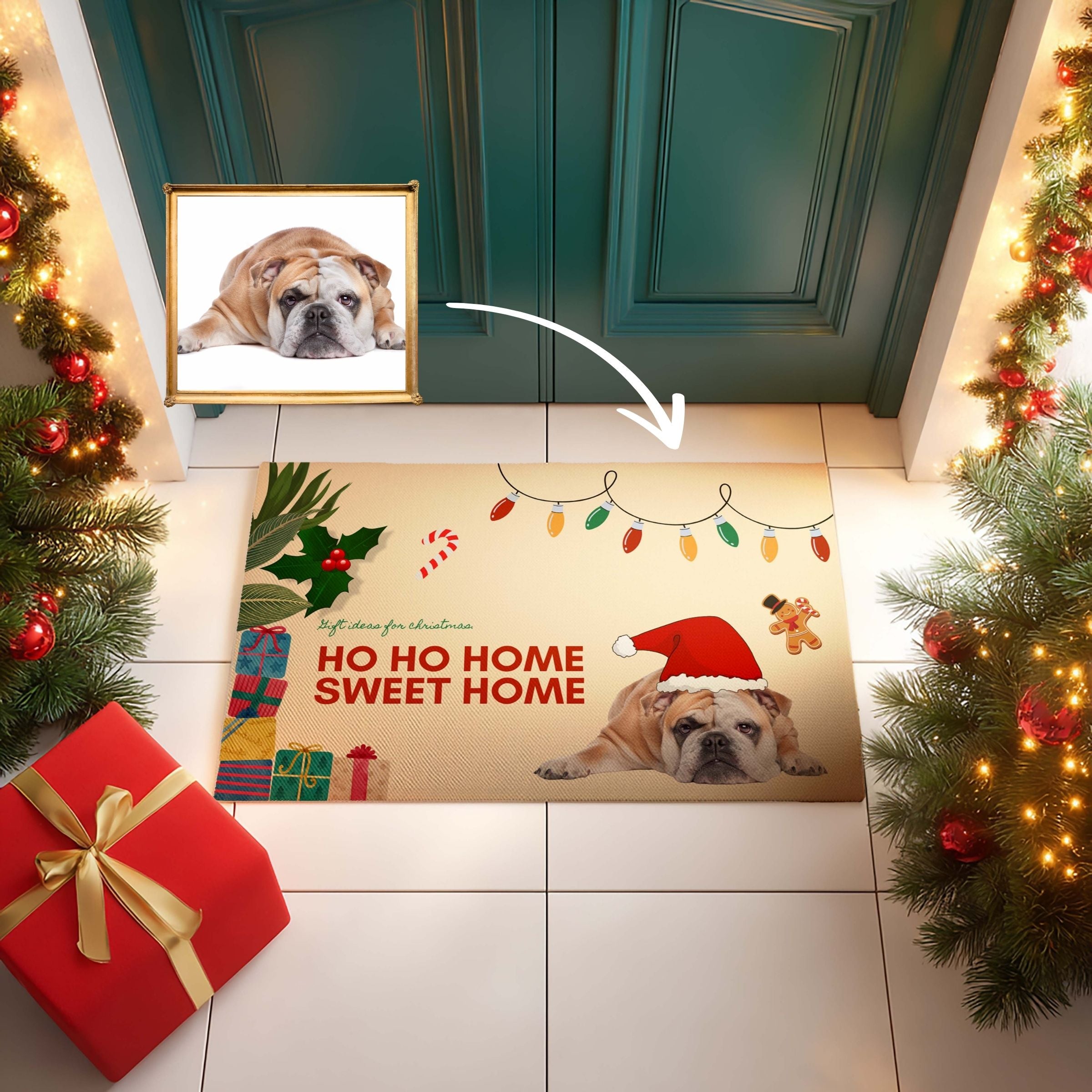 Festive Custom DogPet Photo Doormat - Christmas Lights & Holly