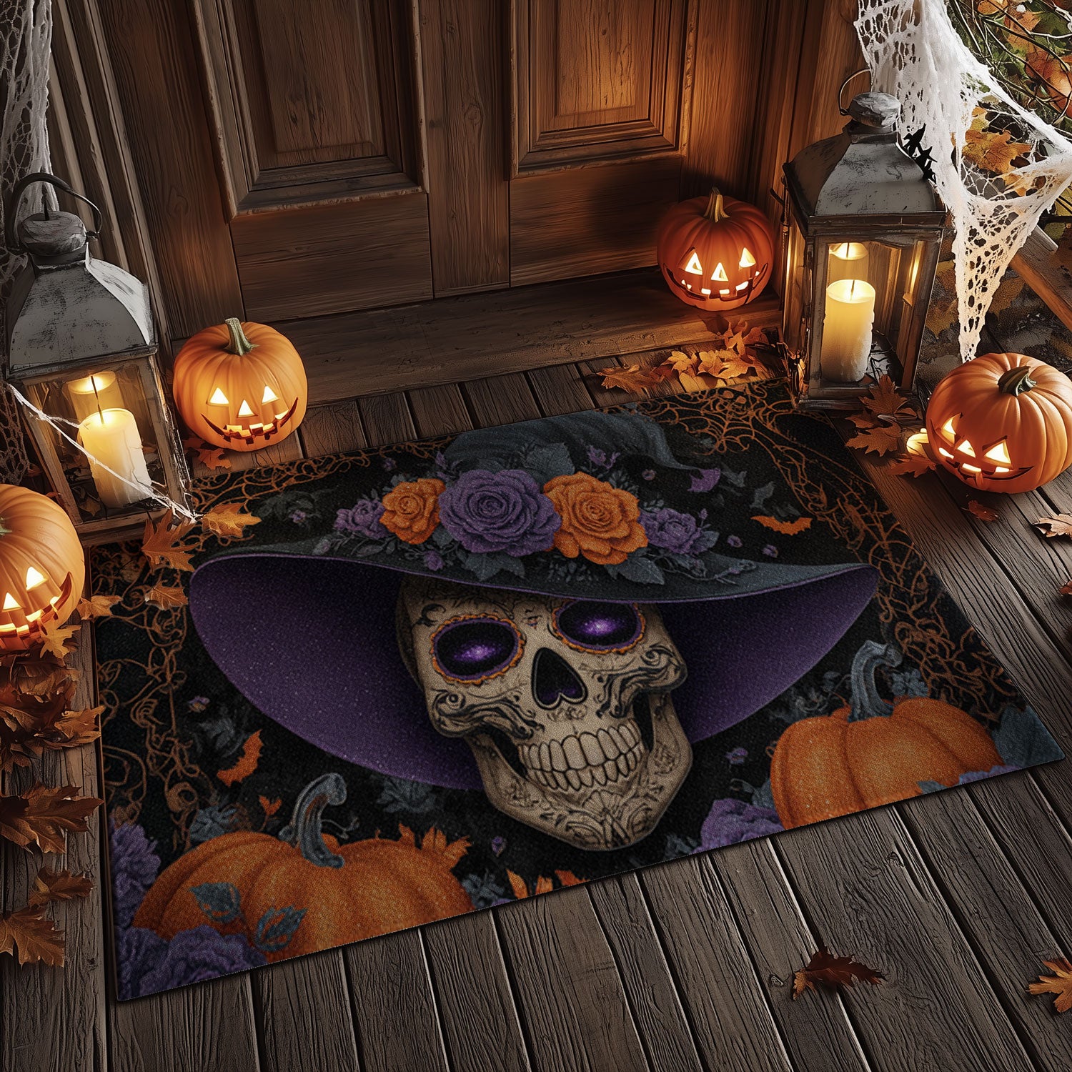 Floral Calavera Skull Halloween Mat