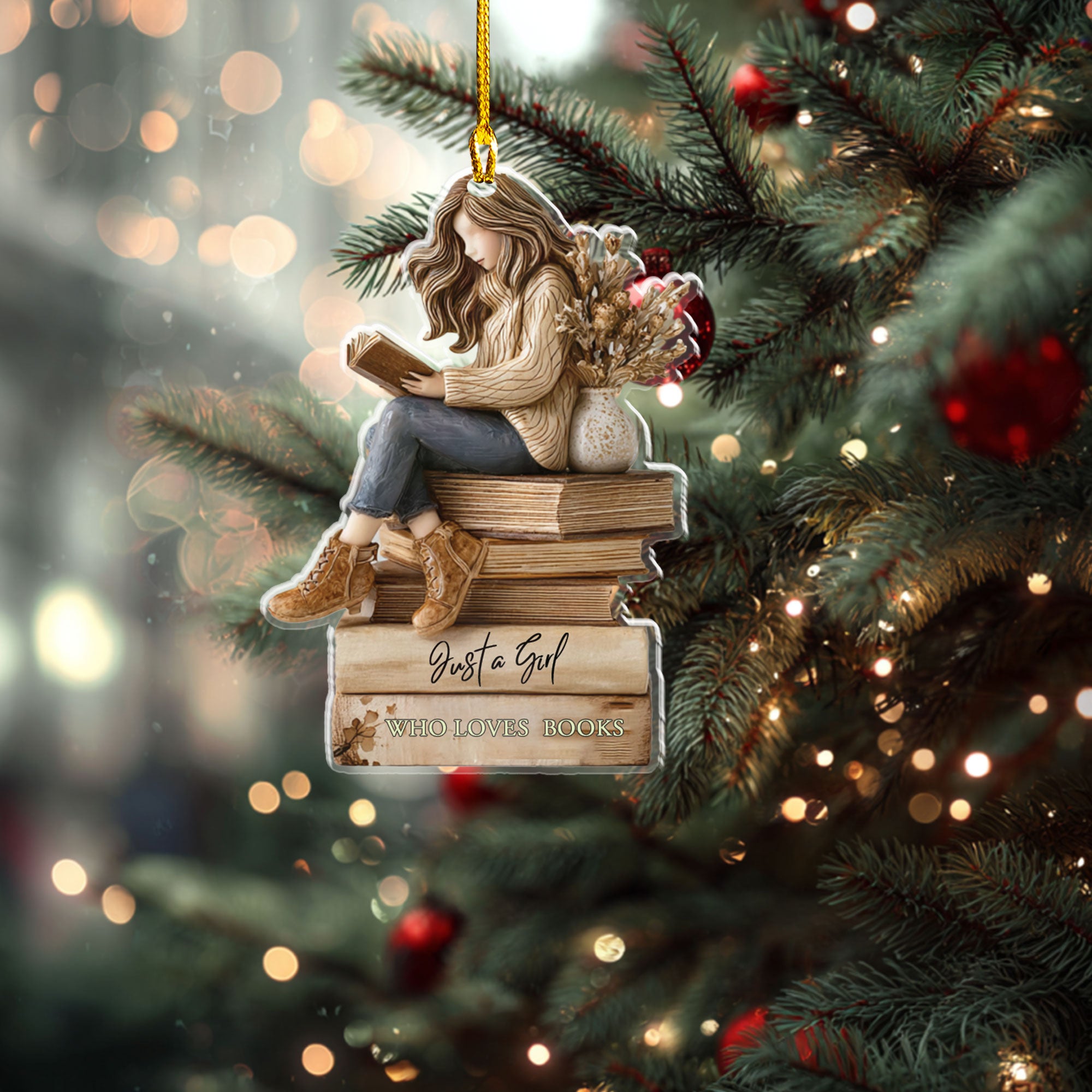 Girl Sitting on Book Pile Christmas Ornament - ORD9C001