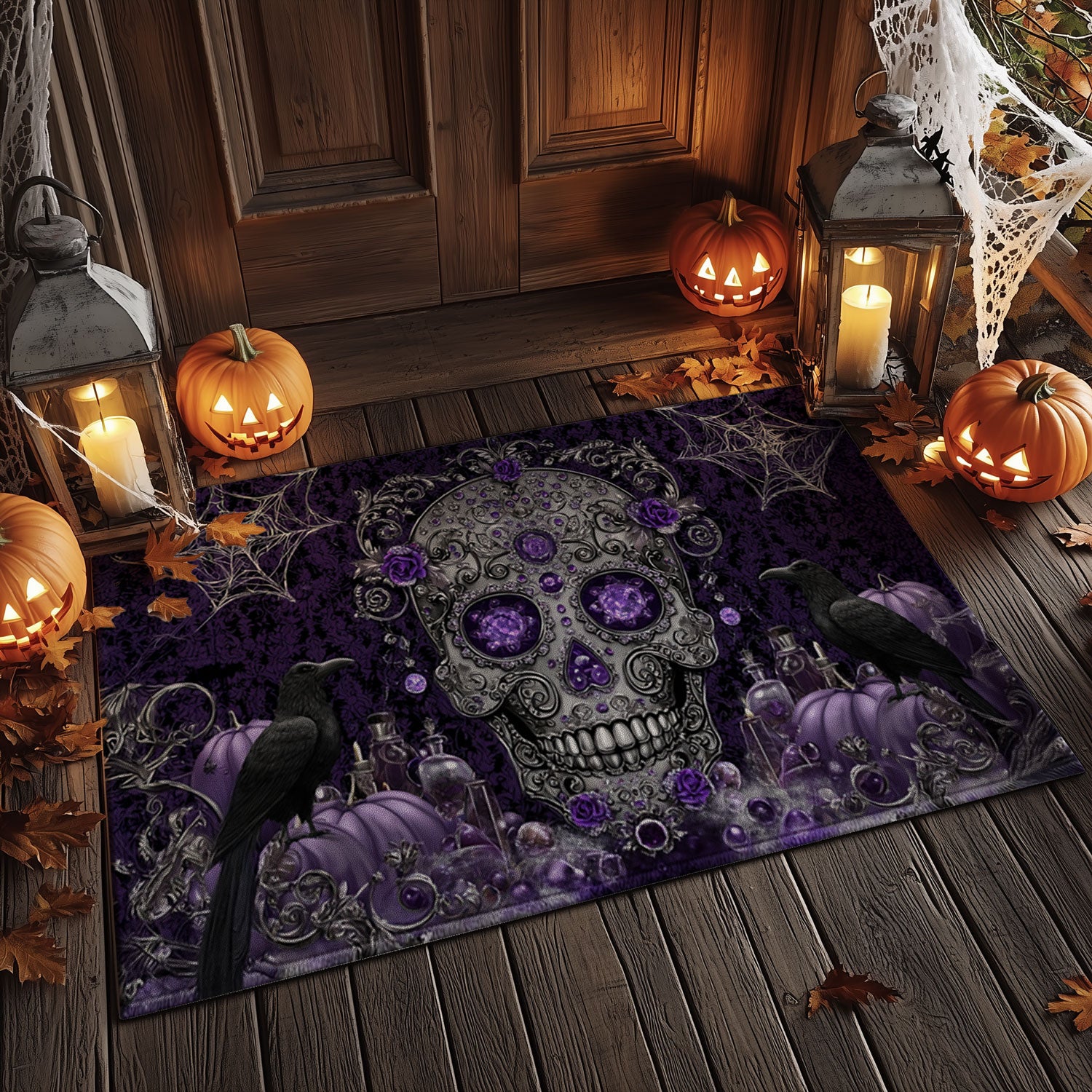 Gothic Purple Sugar Skull & Ravens Doormat