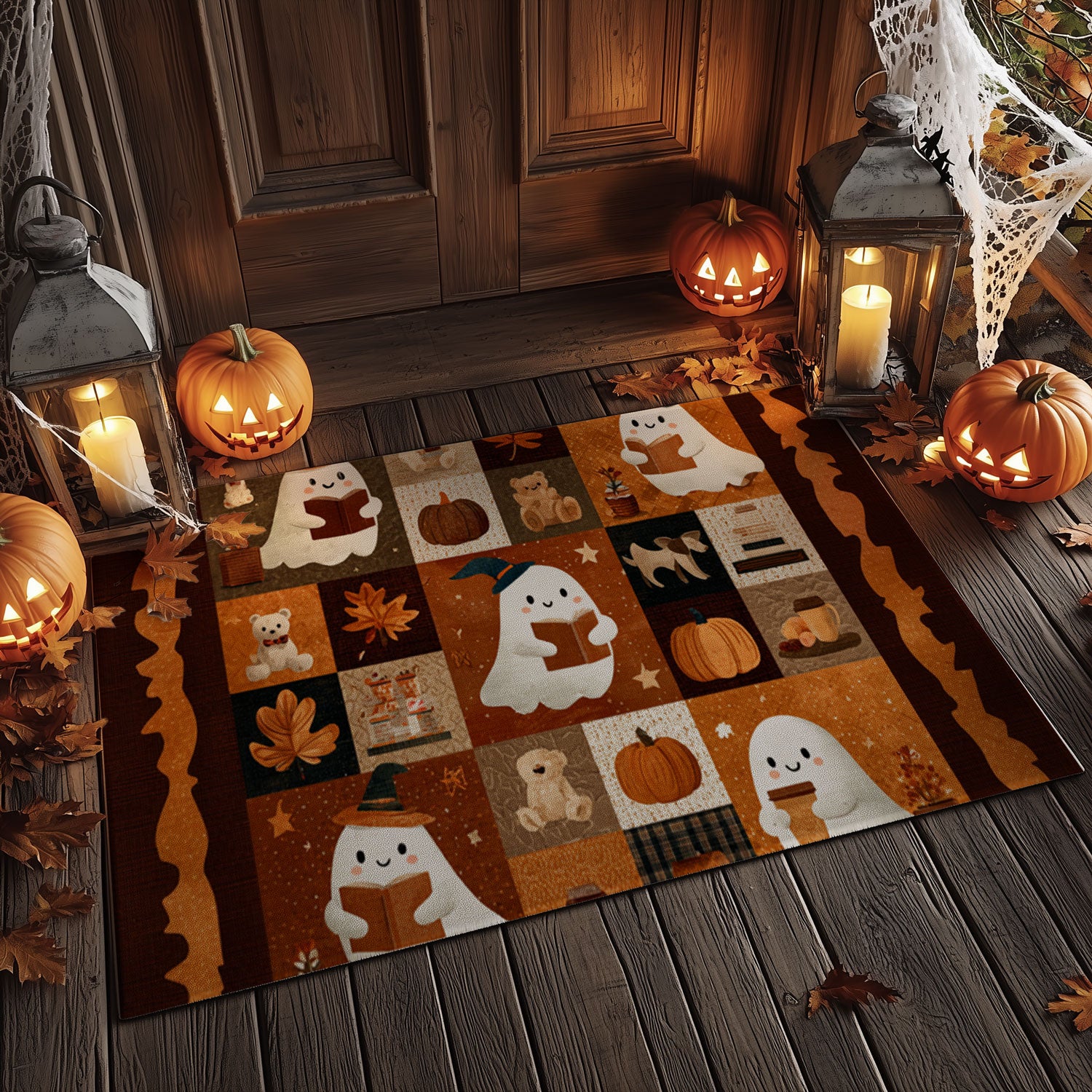 Halloween Cozy Bookworm Ghost Welcome Mat