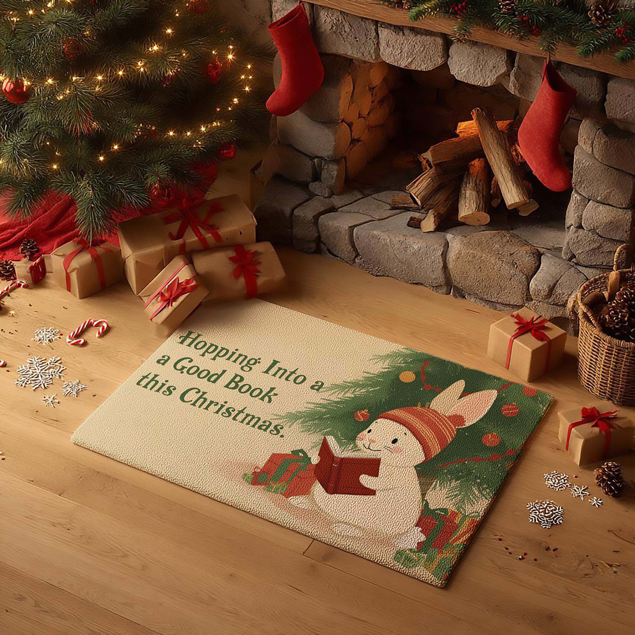 Knit Hat Bunny Reading Doormat Art - DMRC003