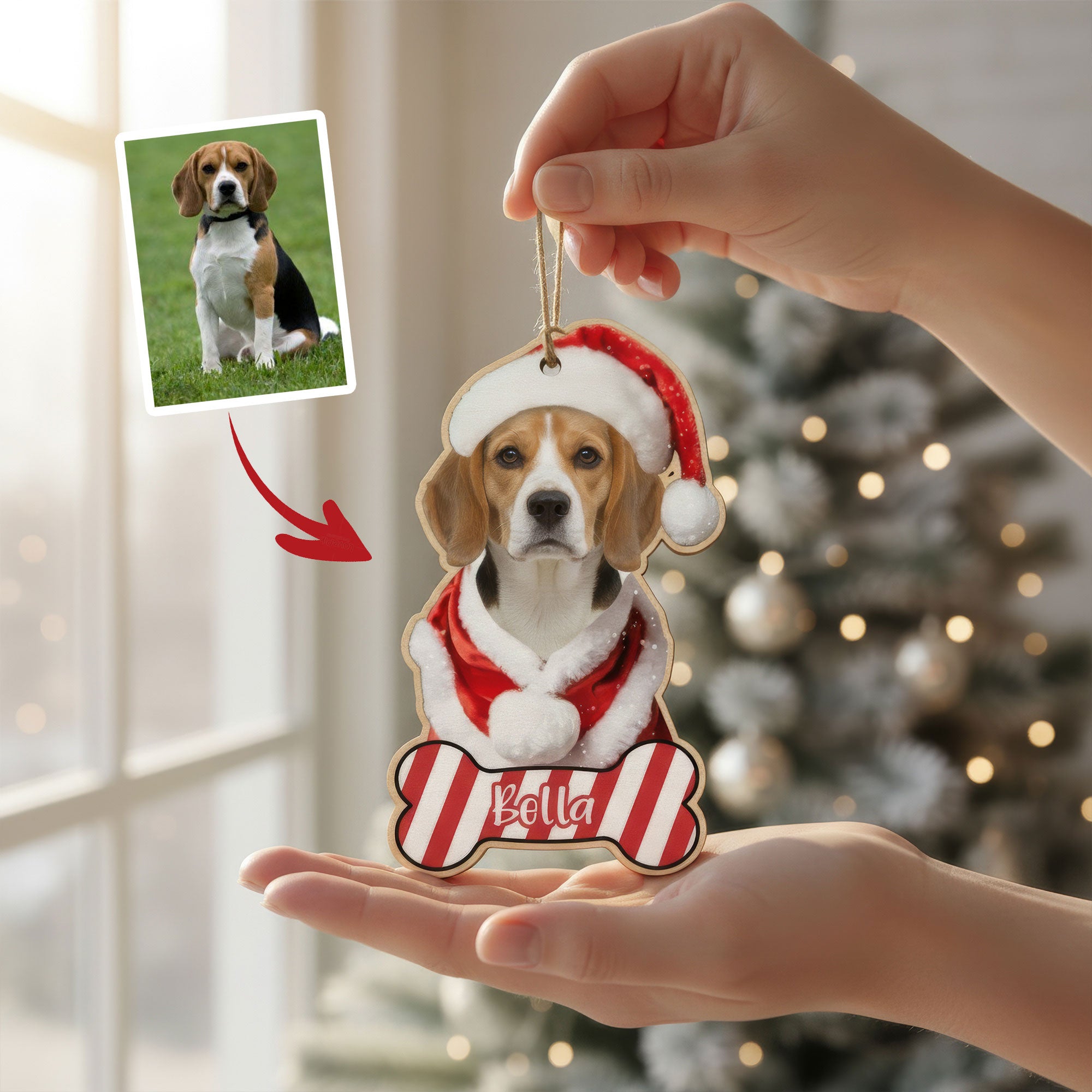Personalized Puppy Christmas Ornament with Name on Striped Bone