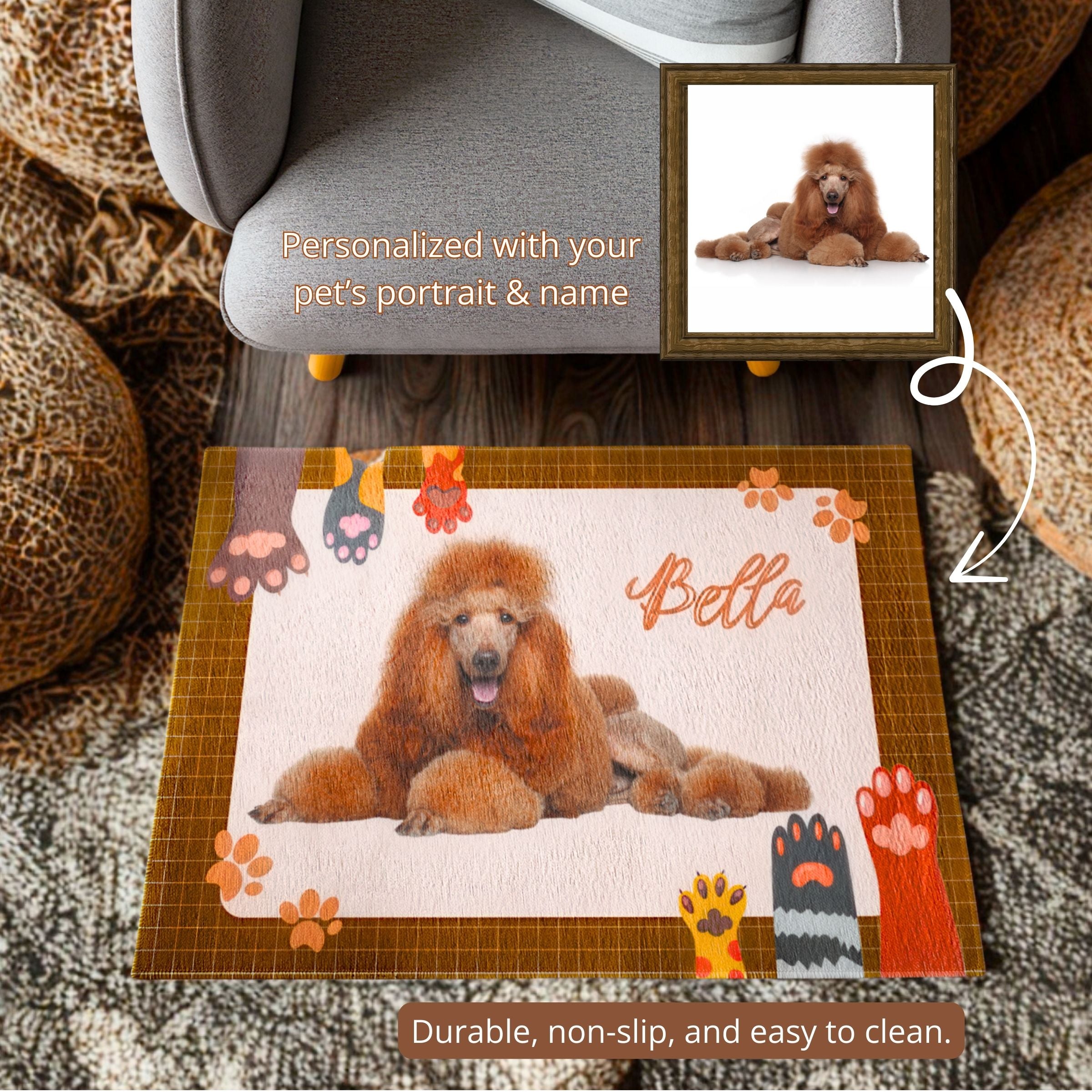Personalized Dog Photo Paw Mat on Brown Background