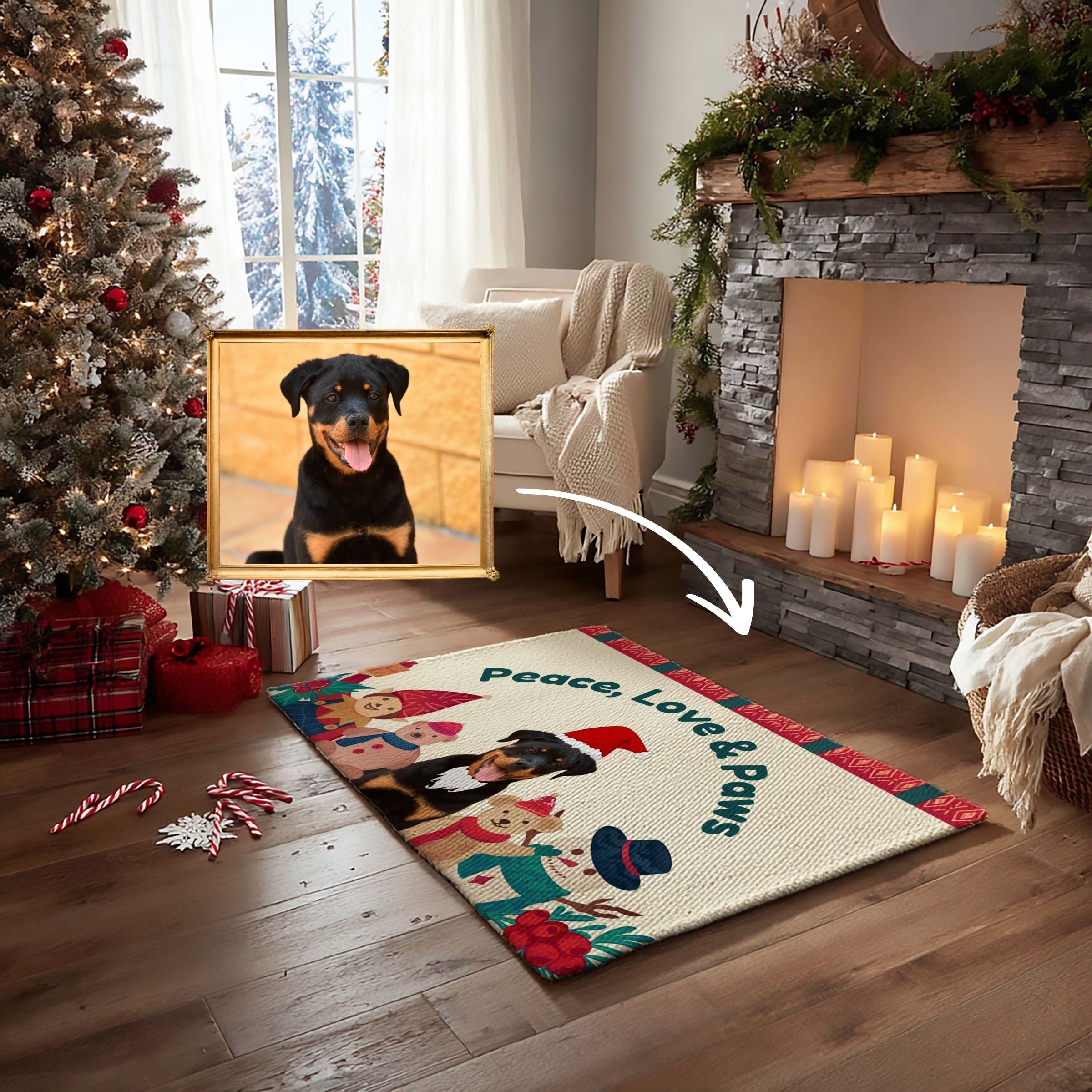 Personalized Pet Art Doormat - Rustic Red & Cream Christmas