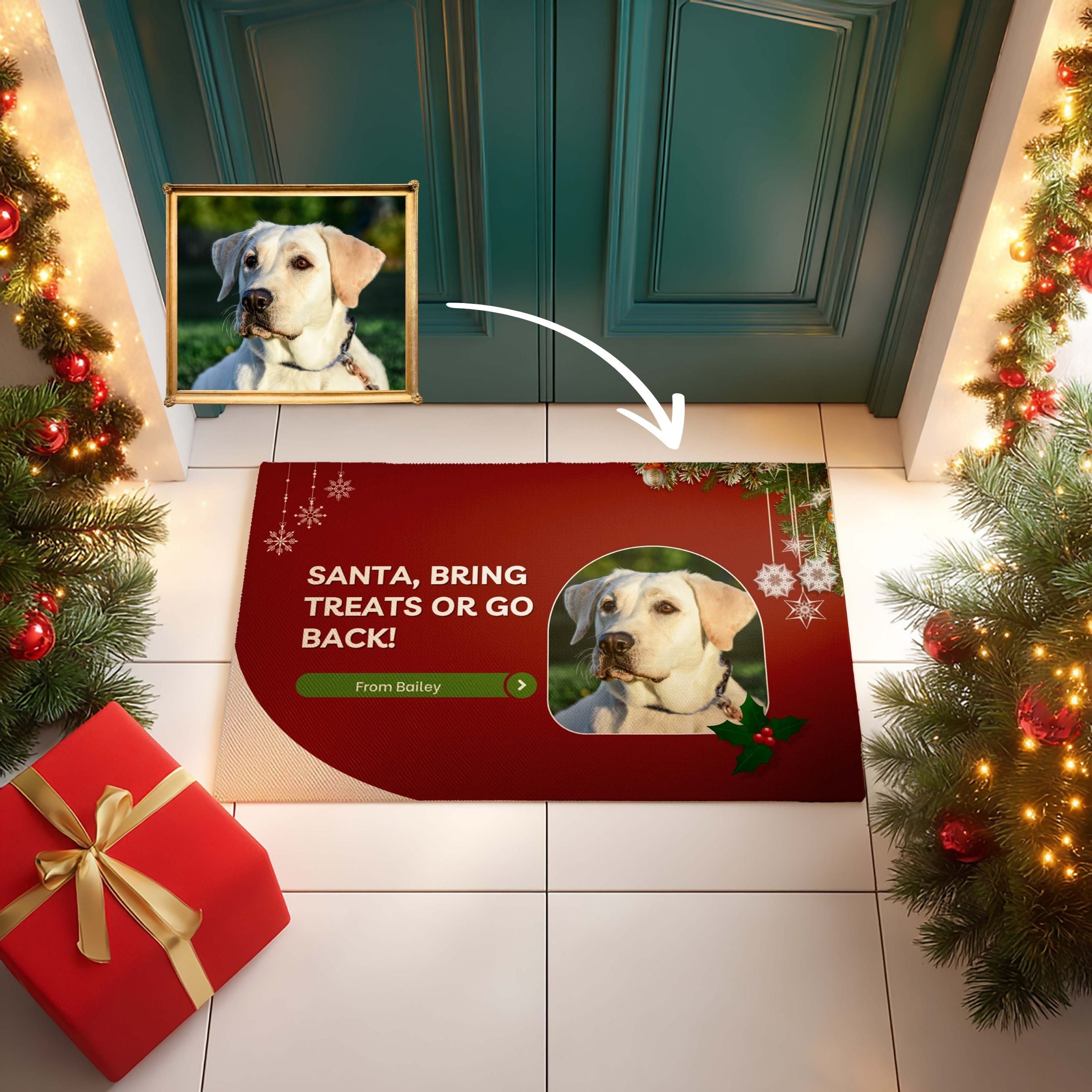 Personalized Pet Portrait Welcome Mat - Bold Burgundy Christmas