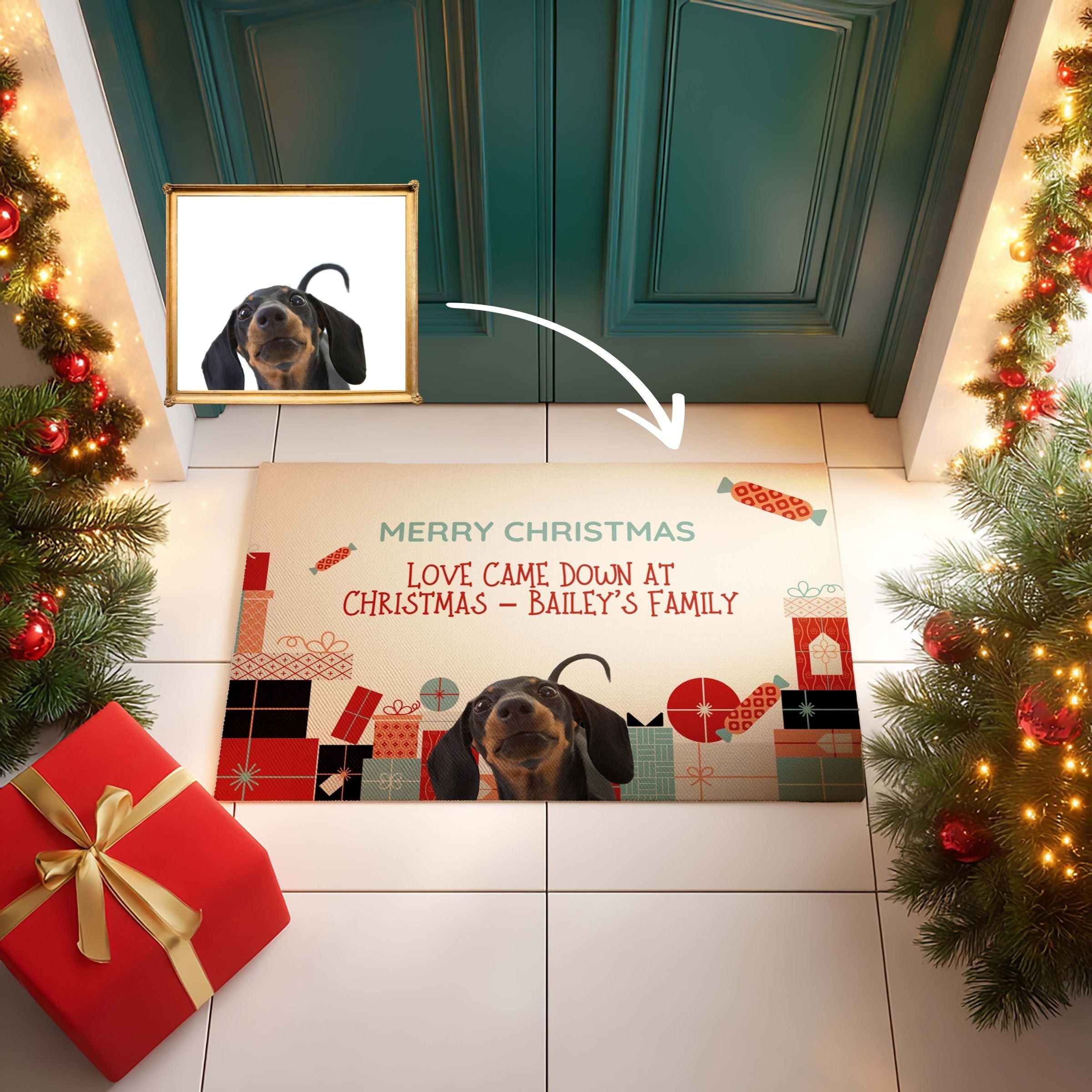 Personalized Pet Portrait Welcome Mat - Modern Christmas Gift Boxes