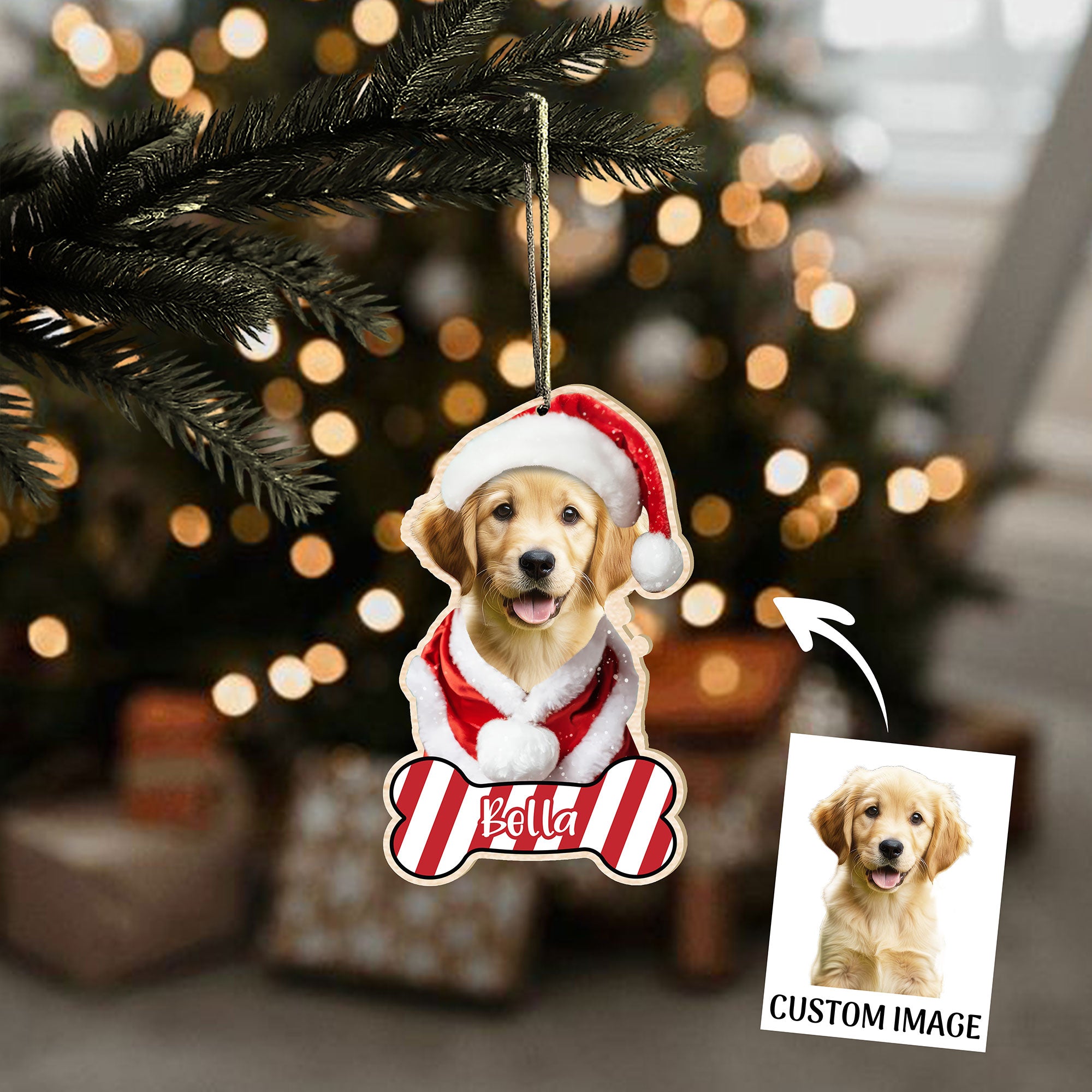 Pet Dog Santa Costume Christmas Ornament with Candy Cane Bone Tag