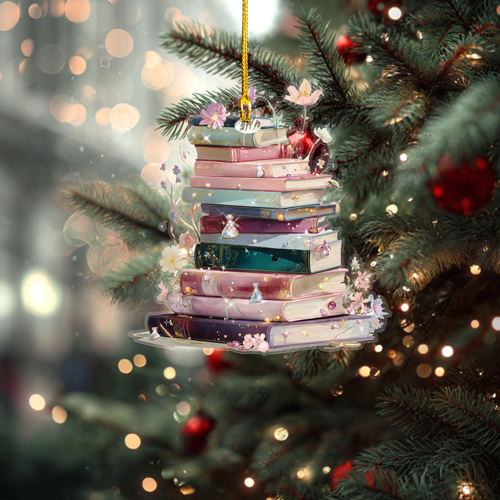 Romantic Lilac & Mint Book Tower Ornament - ORD9C001
